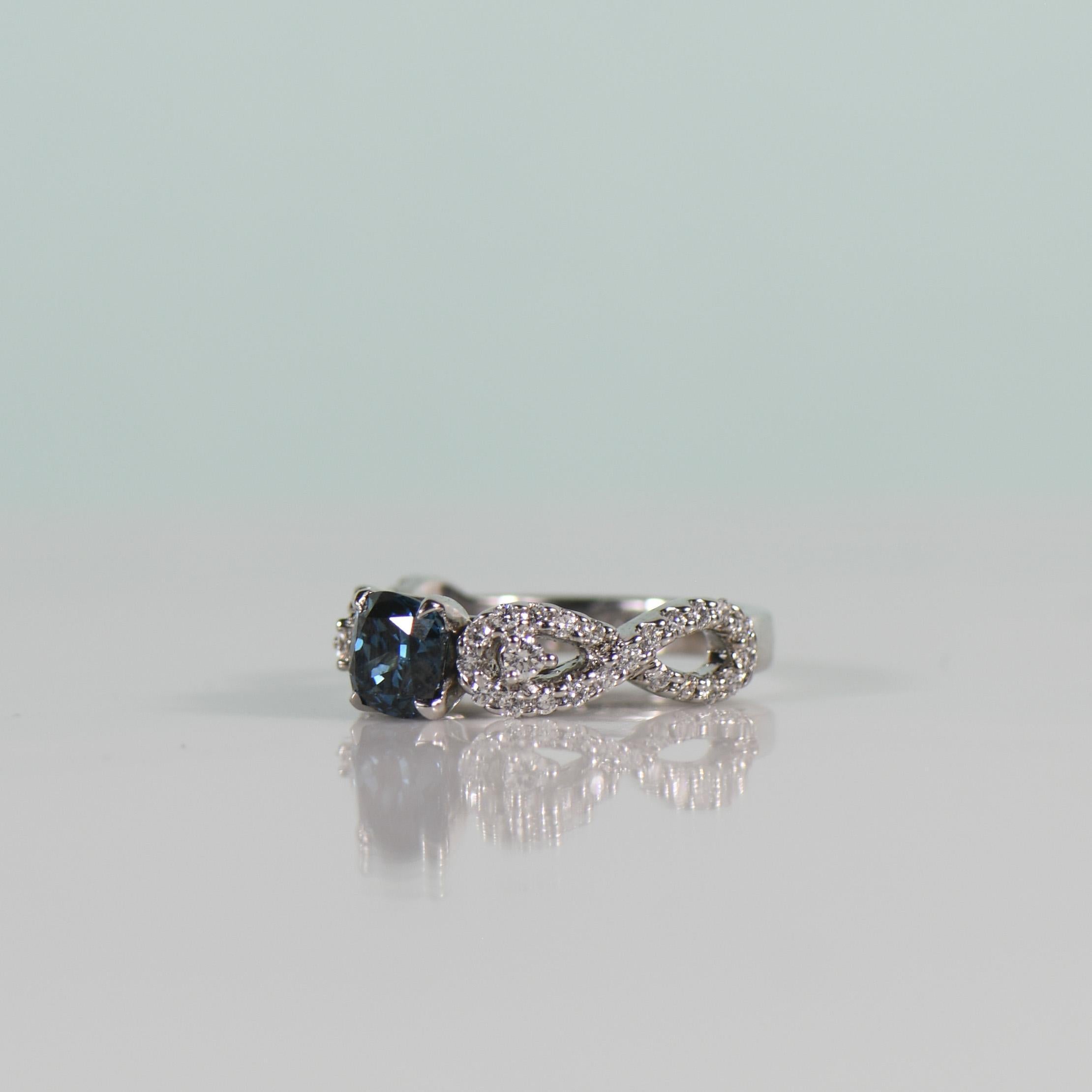 Electric Blue 1.04ct Cushion Cut Diamond in Diamond Infinity Engagement Ring In Good Condition For Sale In Addison, TX