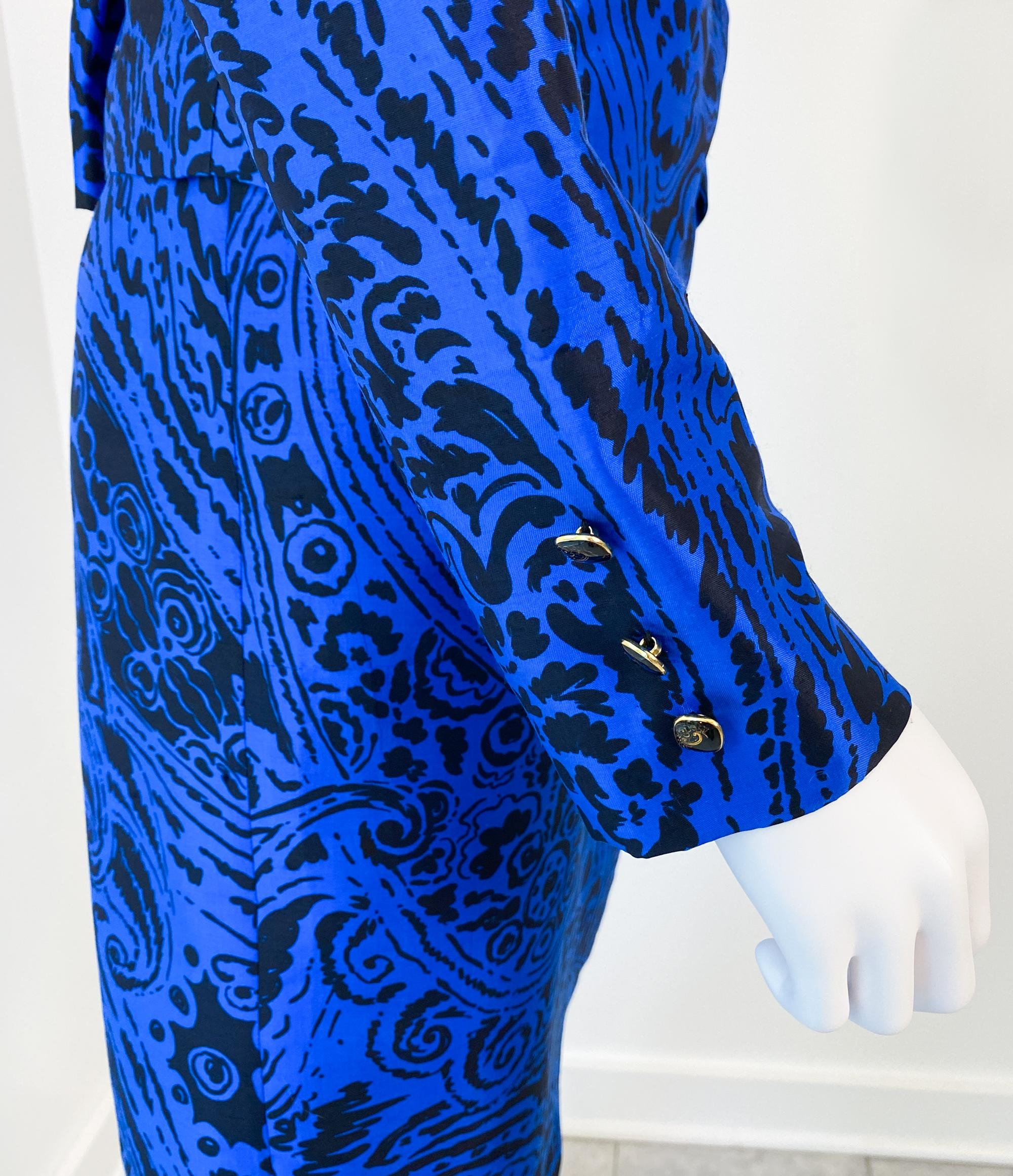 Jupe de cocktail en soie bleu électrique et noir Taille 8/10, années 1980 en vente 2