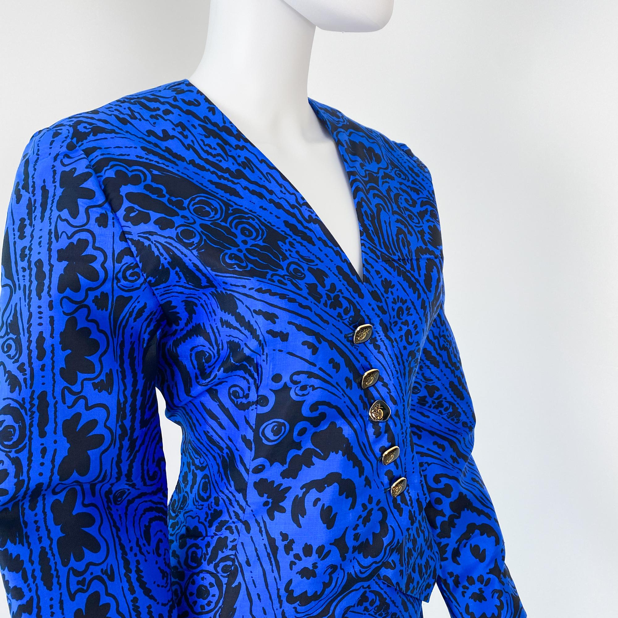 Jupe de cocktail en soie bleu électrique et noir Taille 8/10, années 1980 en vente 3