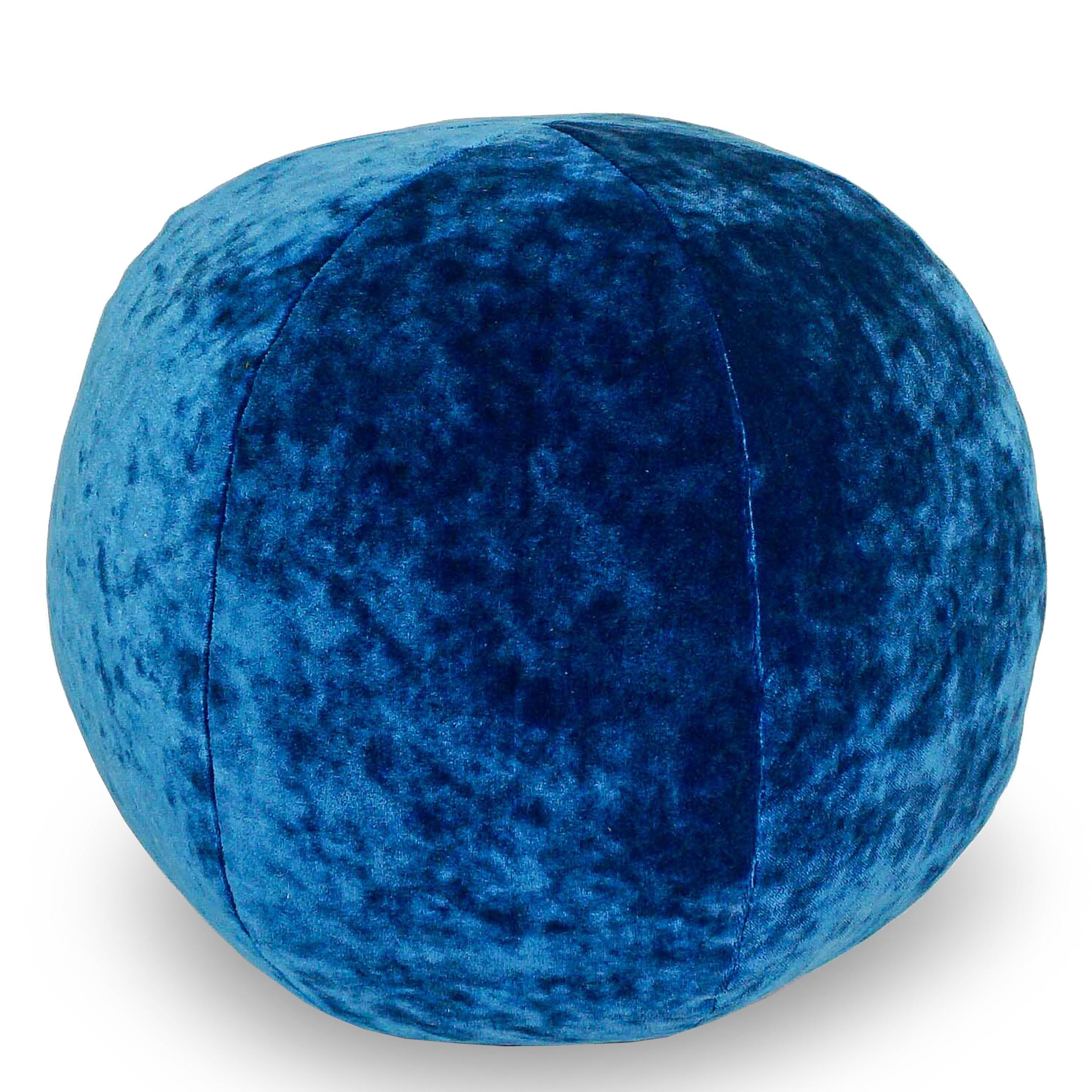 Electric blue crushed velvet ball pillow. Can be customized in size and fabric.

Measurements:
Outside: 12” diameter x 12” height
Disclaimer: Due to their handcrafted nature, the final size and shape of our Ball Pillows may vary depending on the
