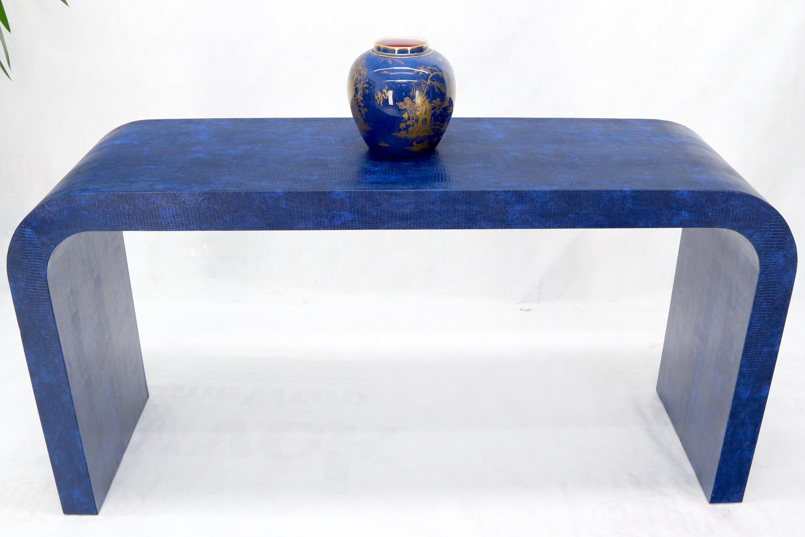 Embossed Electric Blue Faux Snake Skin C-Shape Console Sofa Table