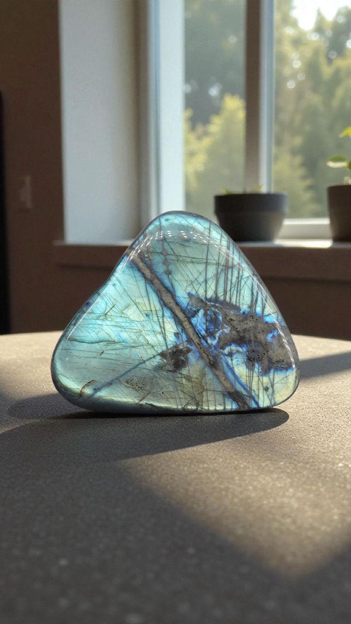 Labradorite is a classic semi precious stone from Madagascar. 
This bloc is a perfect desk size specimen, weighing 1350 grams, and shows a great flash of electric blue color.
The color is vibrant and of top quality.

