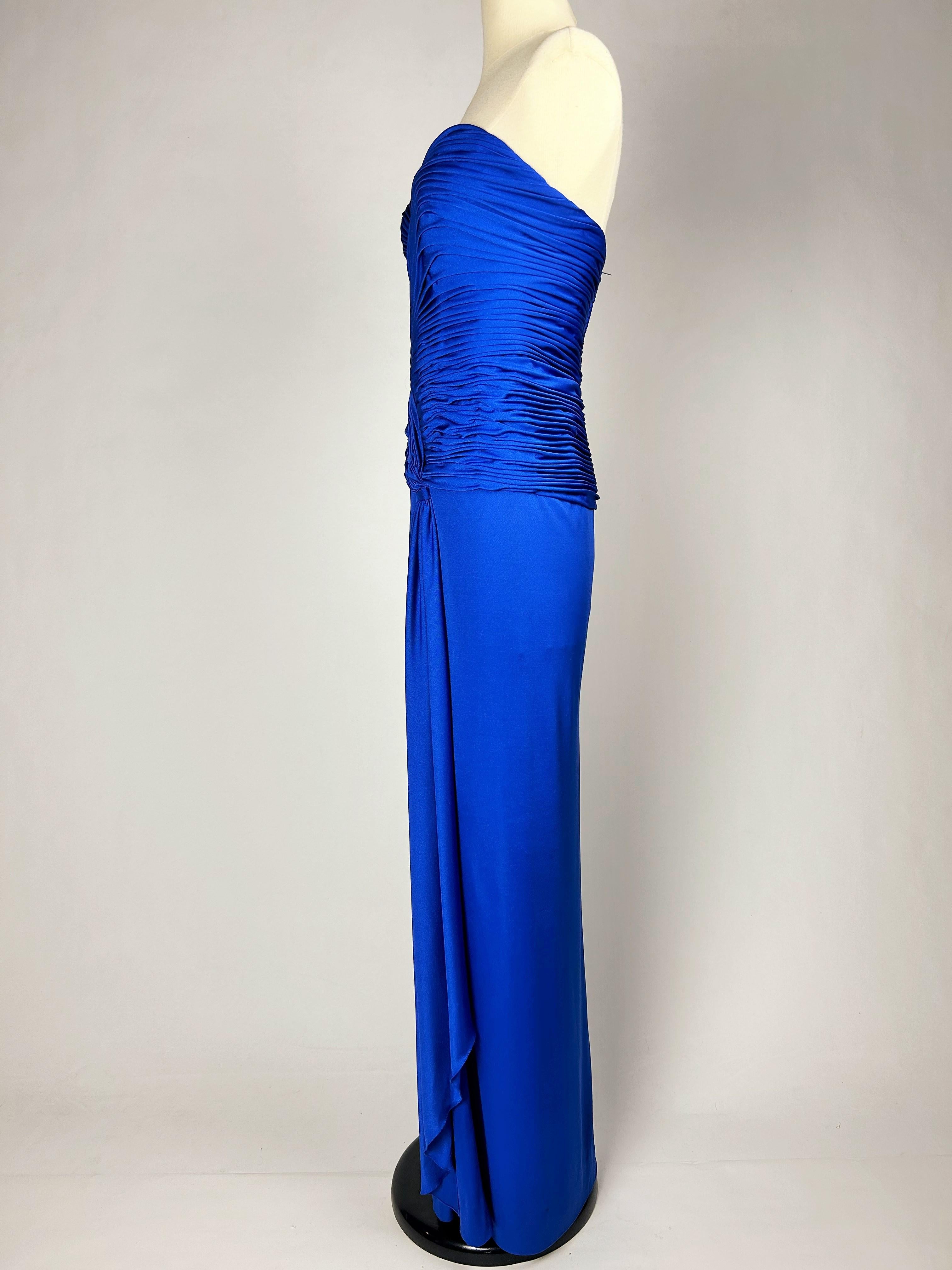 Electric blue lycra jersey evening dress by Loris Azzaro Couture Circa 1980 For Sale 5