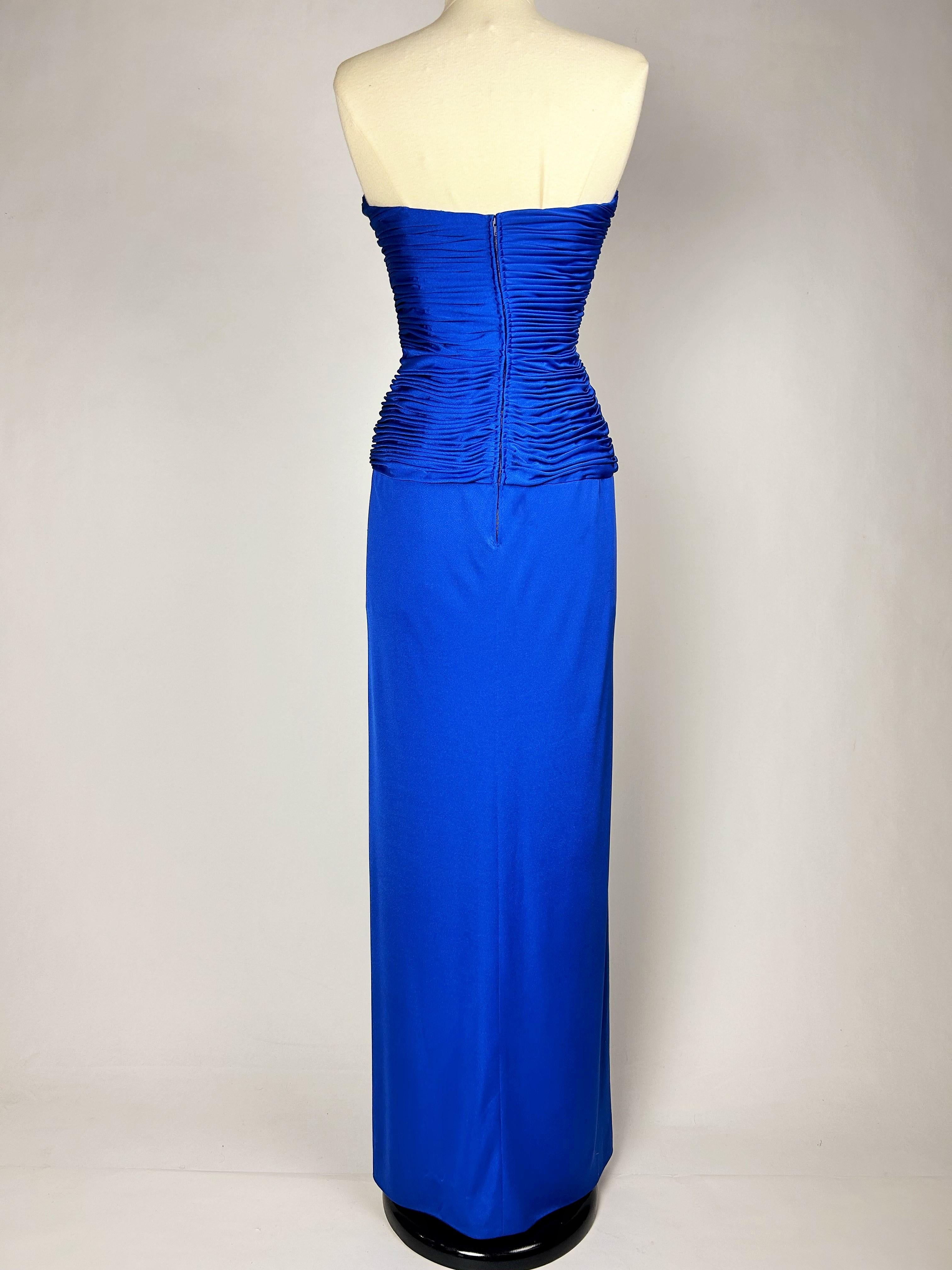 Electric blue lycra jersey evening dress by Loris Azzaro Couture Circa 1980 For Sale 6
