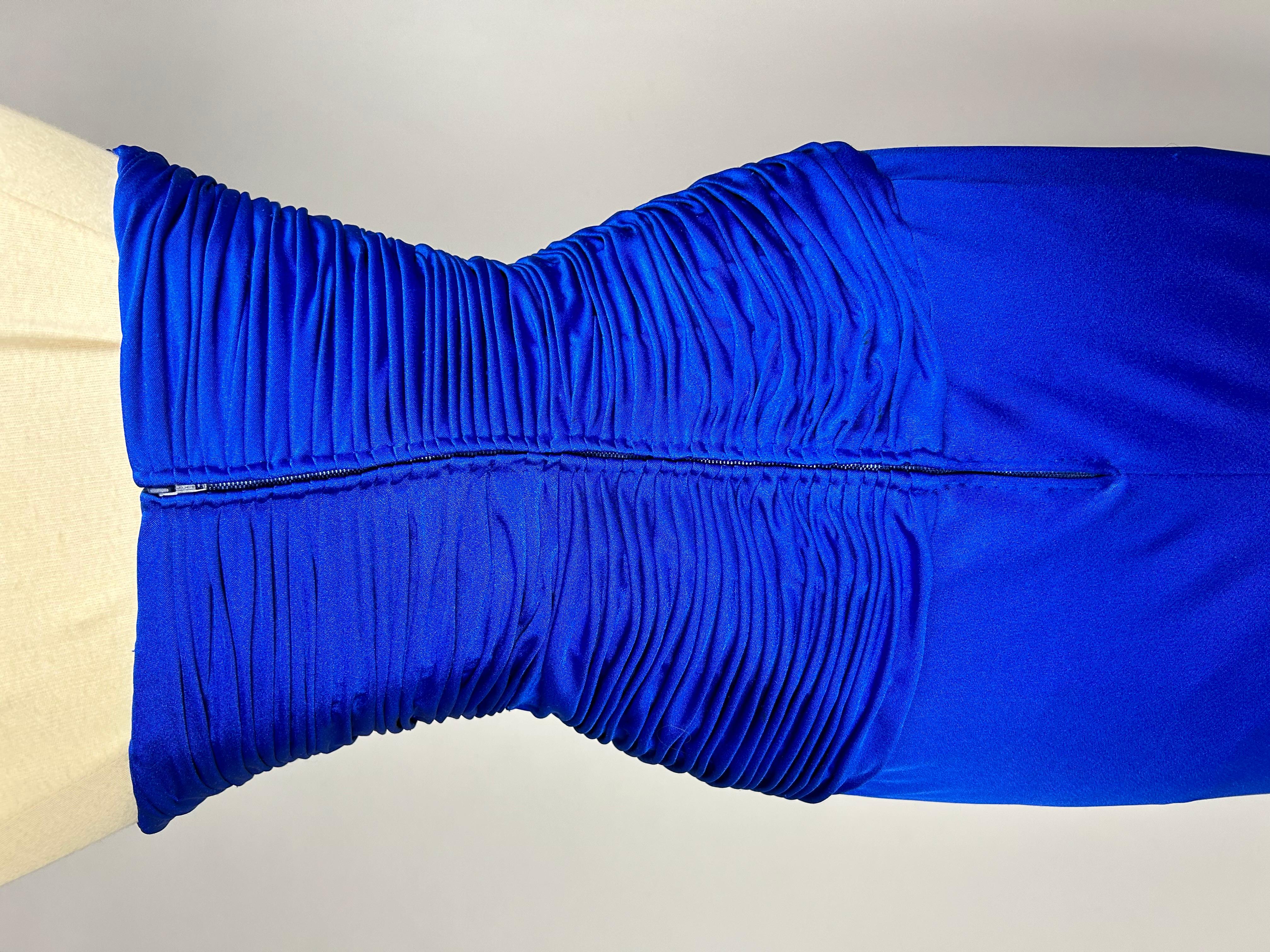 Electric blue lycra jersey evening dress by Loris Azzaro Couture Circa 1980 For Sale 7