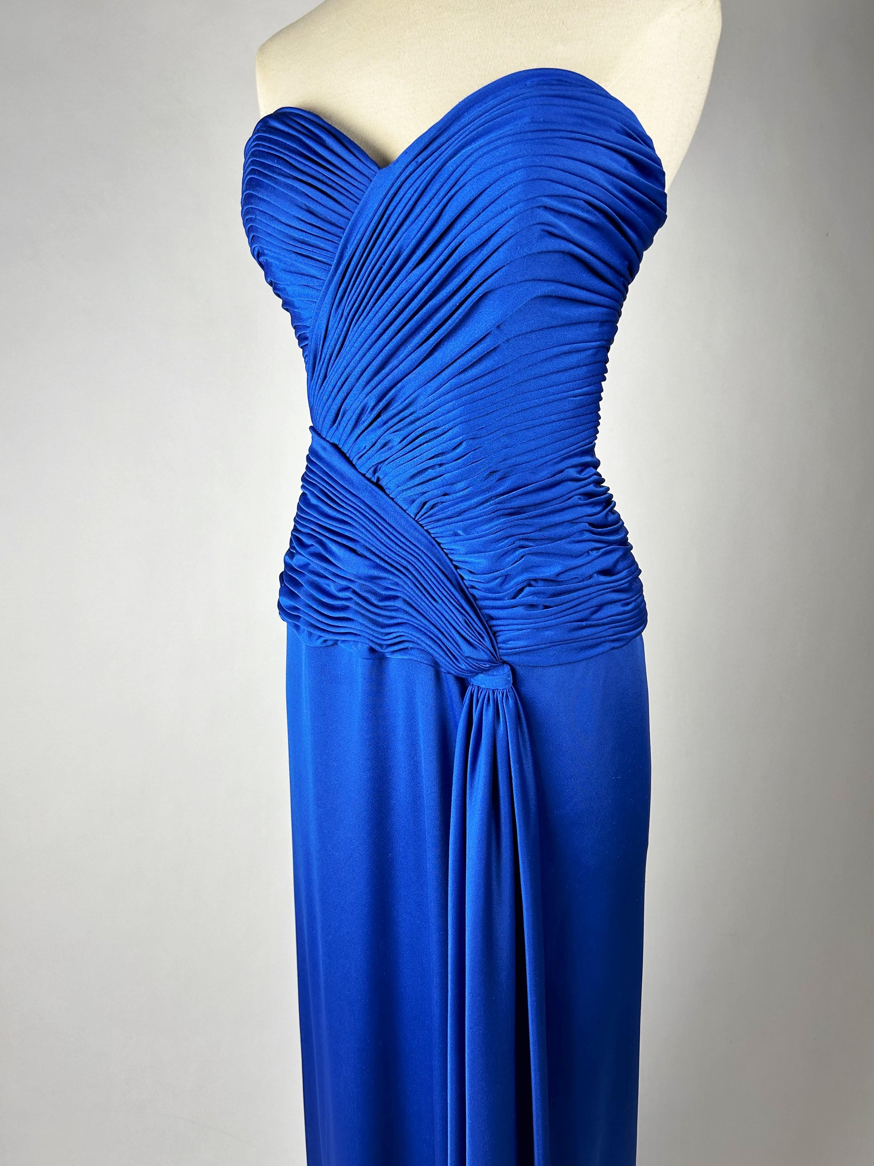 Electric blue lycra jersey evening dress by Loris Azzaro Couture Circa 1980 For Sale 8