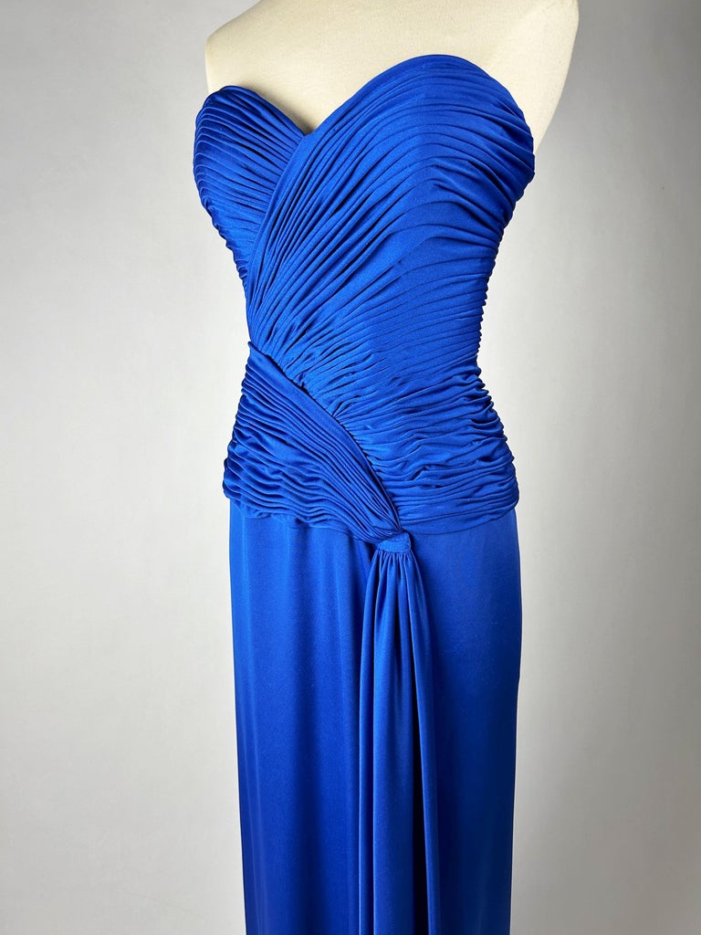 Electric Blue Lycra Jersey Evening Dress By Loris Azzaro Couture Circa 1980