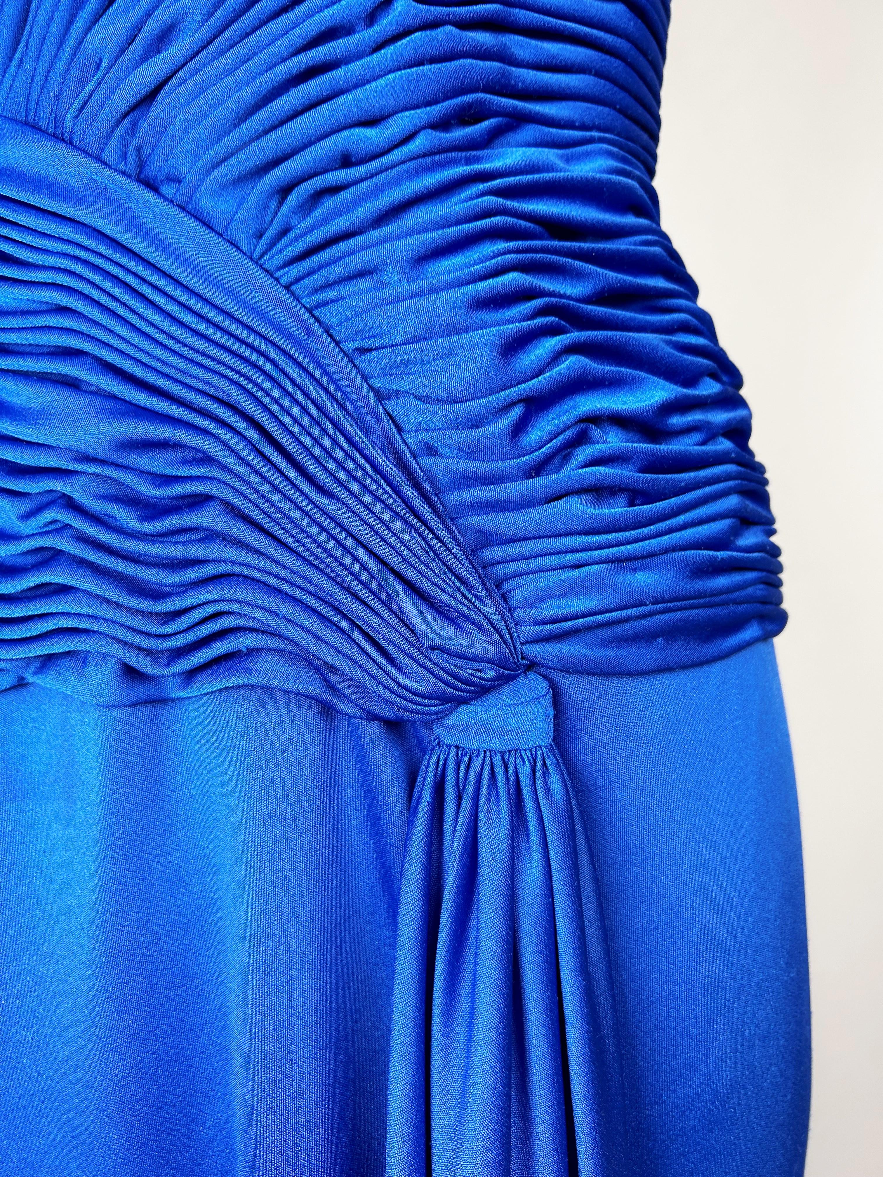 Electric blue lycra jersey evening dress by Loris Azzaro Couture Circa 1980 For Sale 9