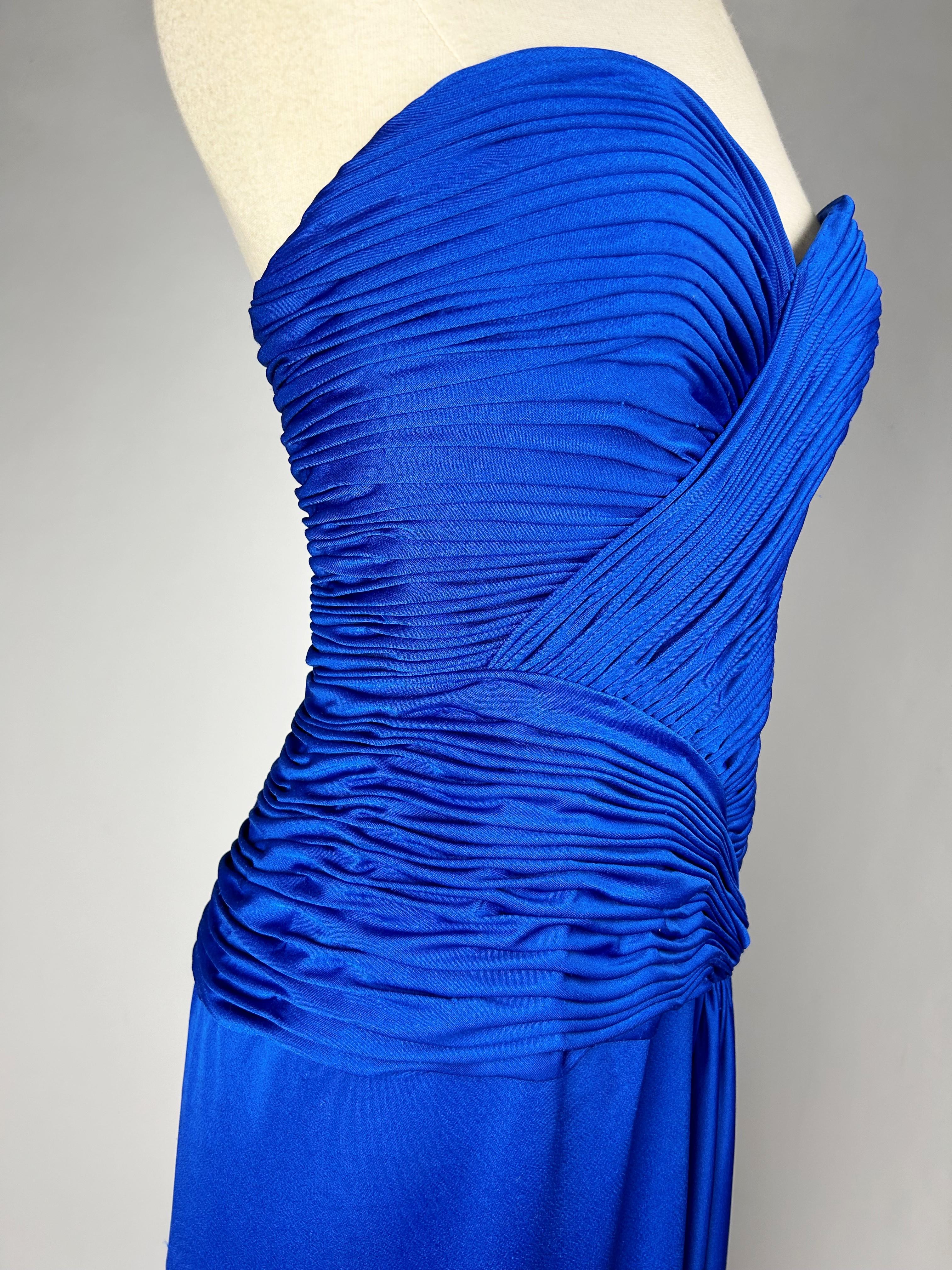 Electric blue lycra jersey evening dress by Loris Azzaro Couture Circa 1980 For Sale 10
