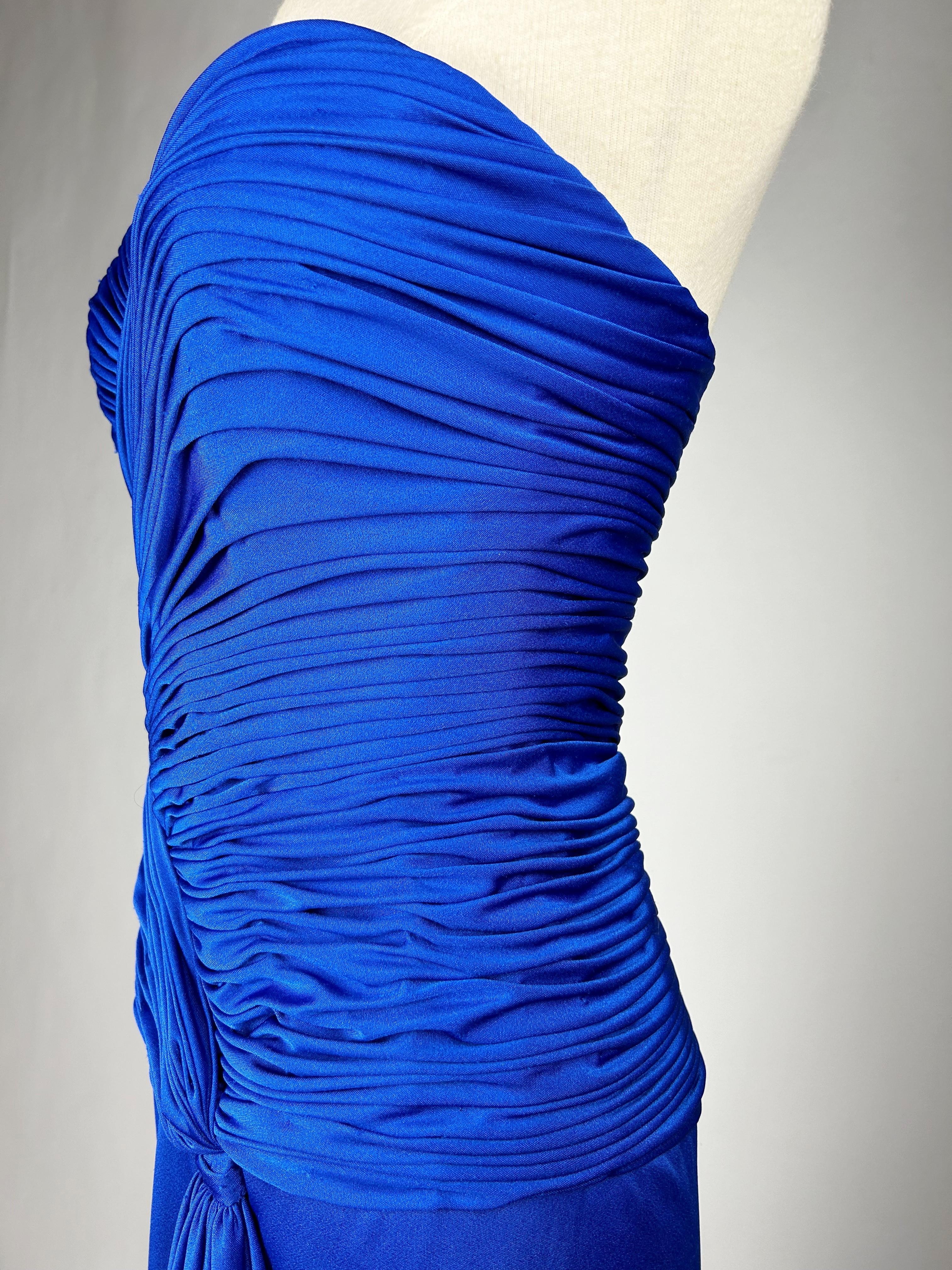 Electric blue lycra jersey evening dress by Loris Azzaro Couture Circa 1980 For Sale 13