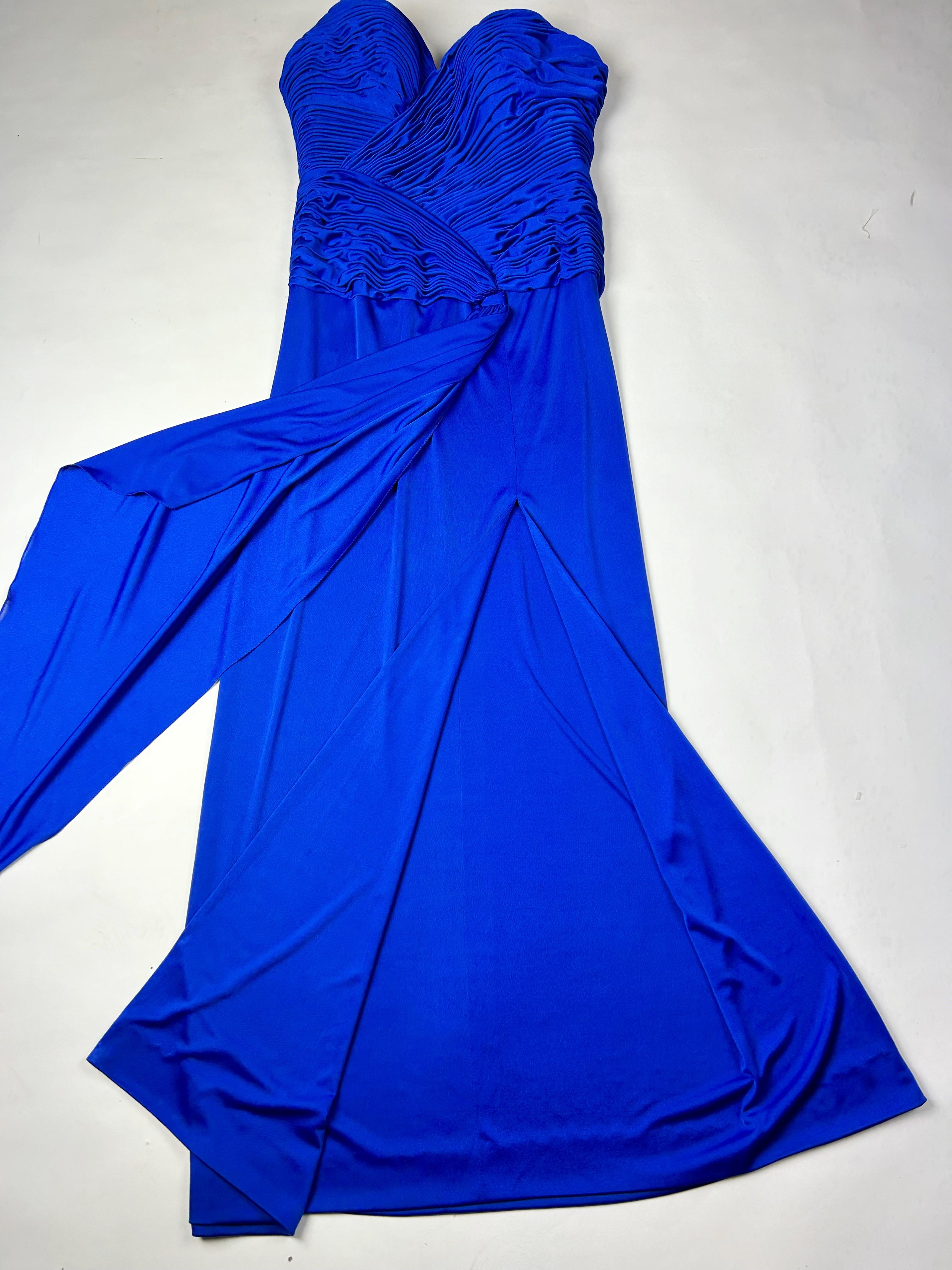 Electric blue lycra jersey evening dress by Loris Azzaro Couture Circa 1980 For Sale 1
