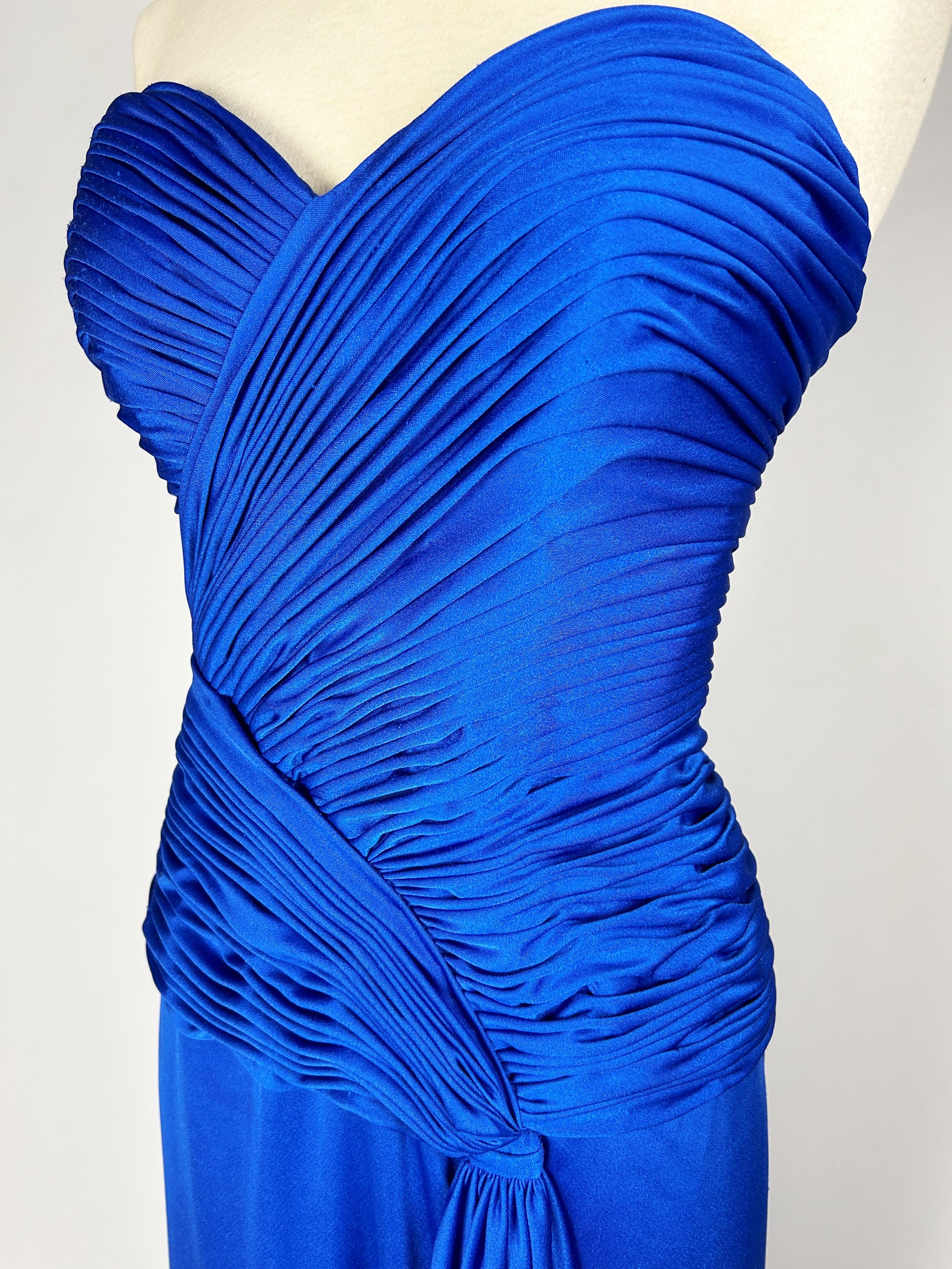 Electric blue lycra jersey evening dress by Loris Azzaro Couture Circa 1980 For Sale 4