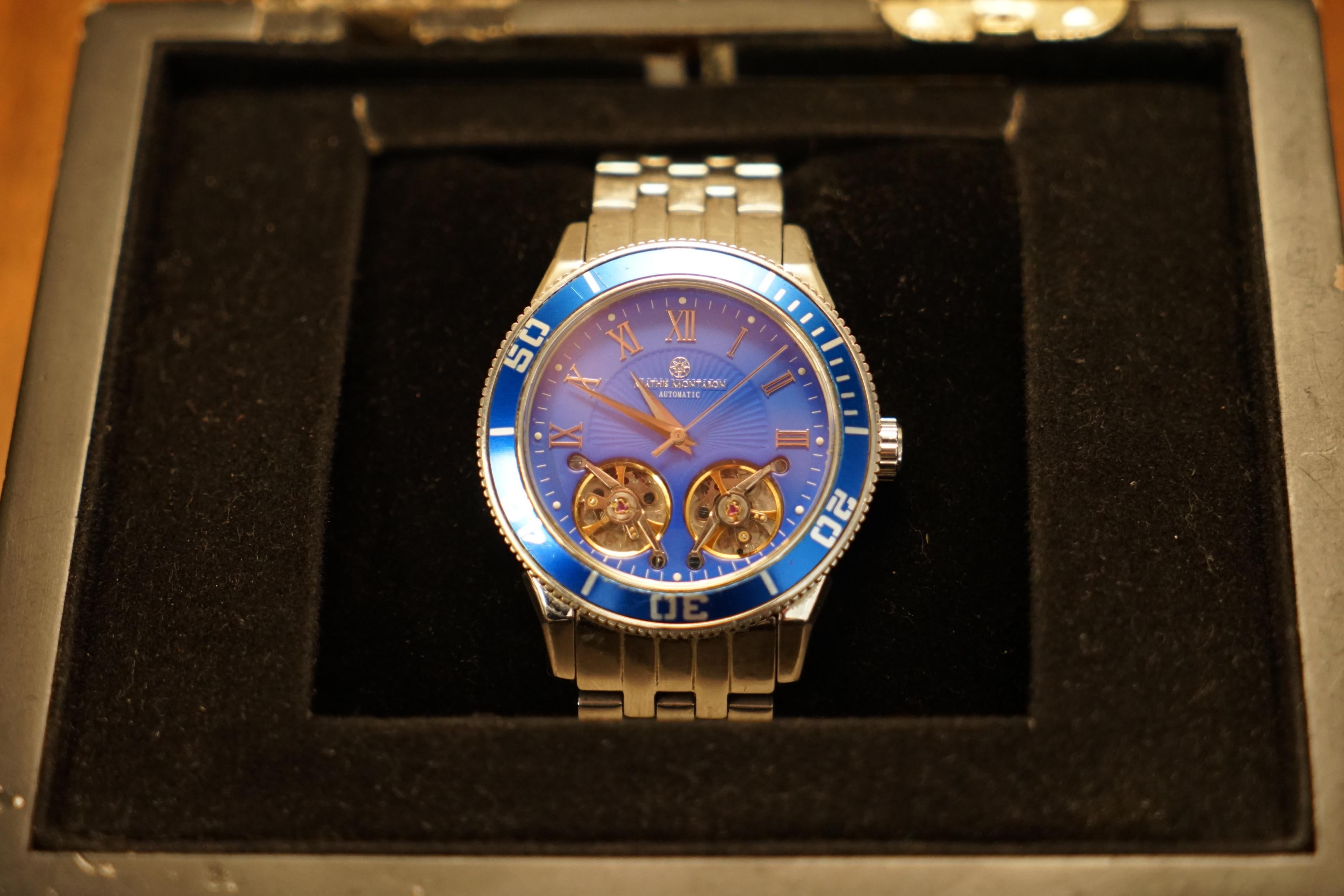 Art déco Montre-bracelet chronographe Mathis Montabon bleu électrique pour hommes  en vente