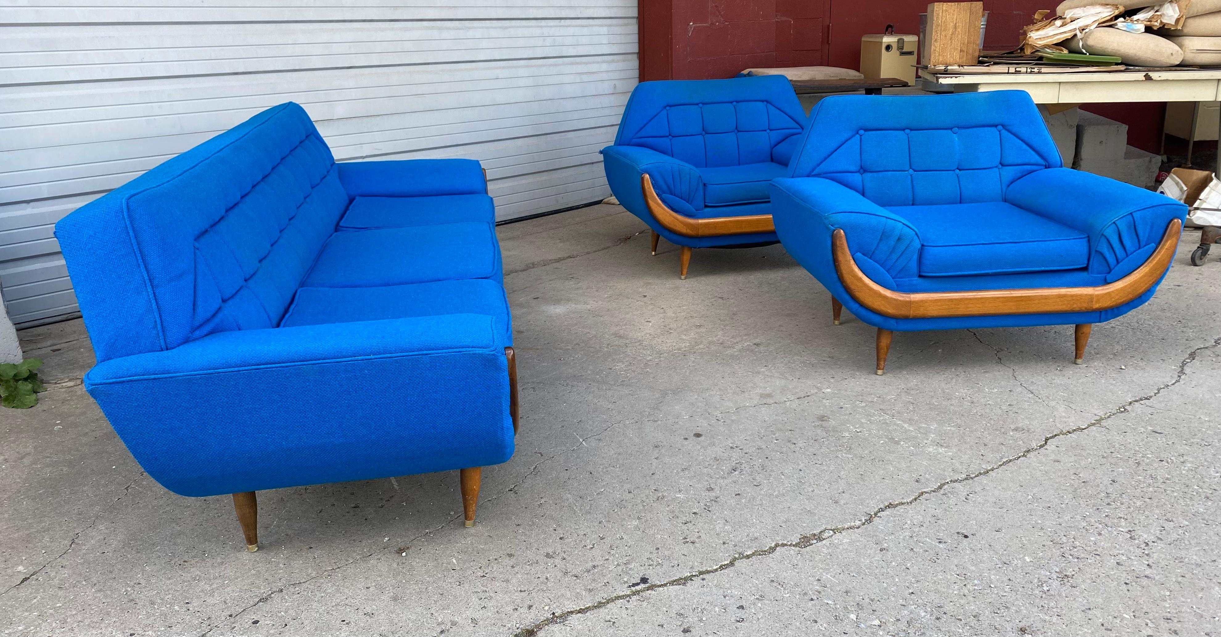 Electric Blue Mid-Century Modern 3 Pc. Living Room Suite, After Adrian Pearsall 4