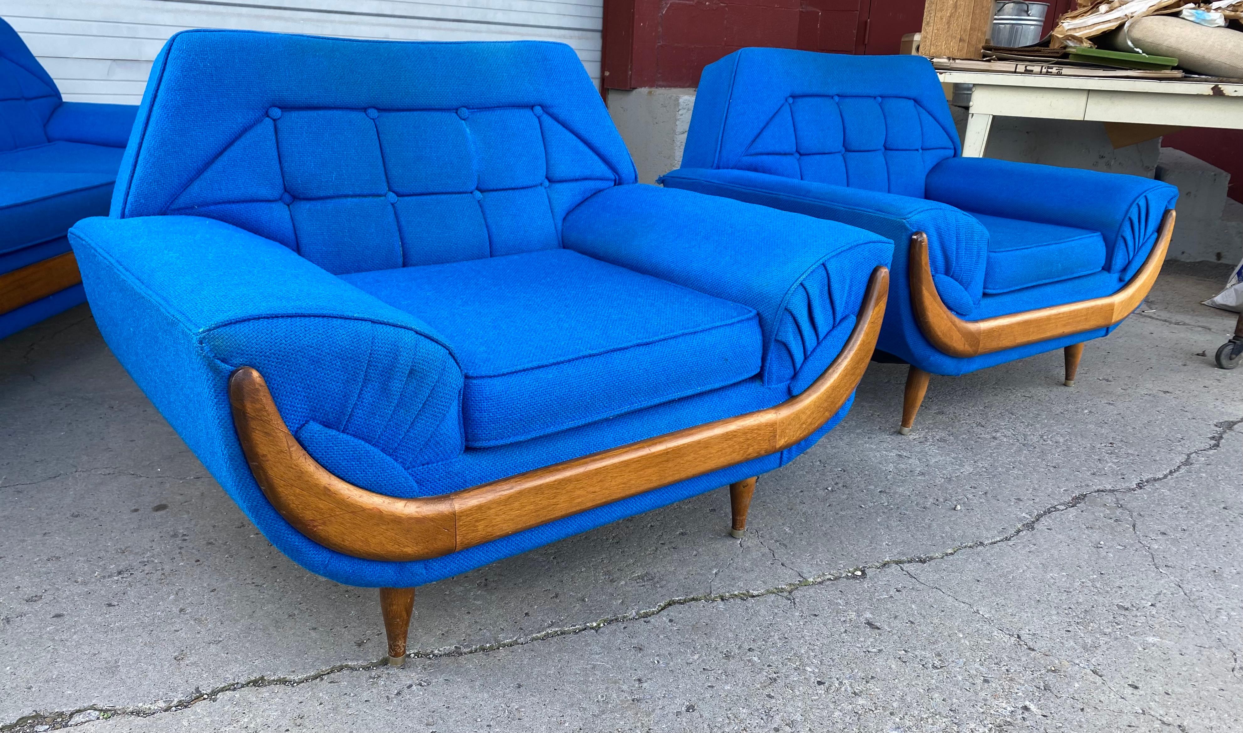 Fabric Electric Blue Mid-Century Modern 3 Pc. Living Room Suite, After Adrian Pearsall