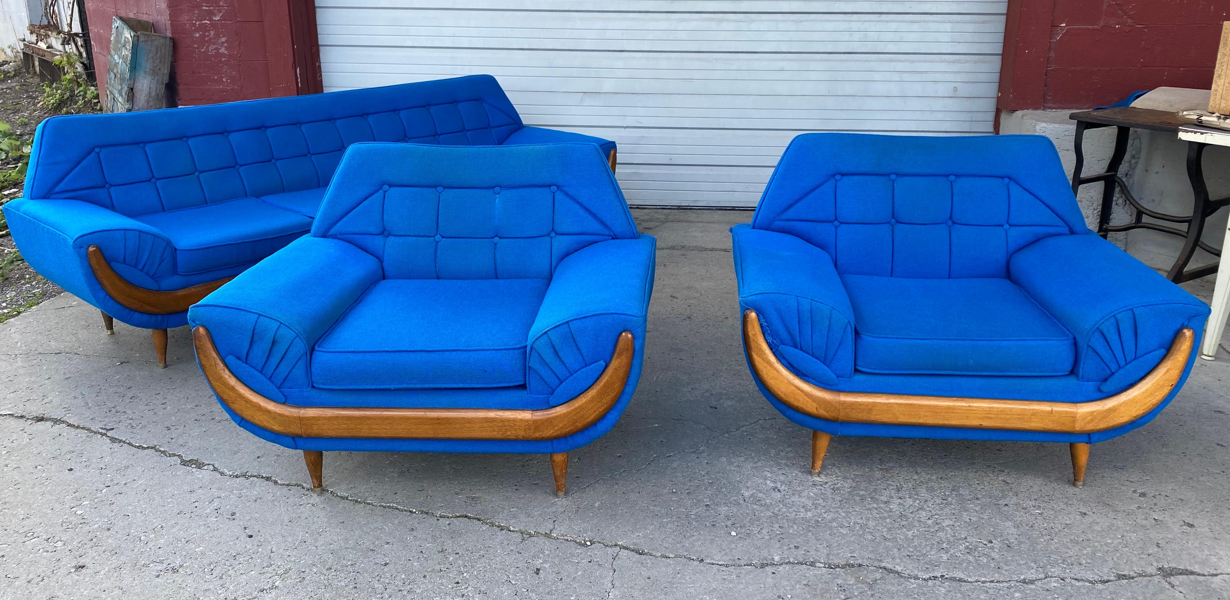 Electric Blue Mid-Century Modern 3 Pc. Living Room Suite, After Adrian Pearsall 2