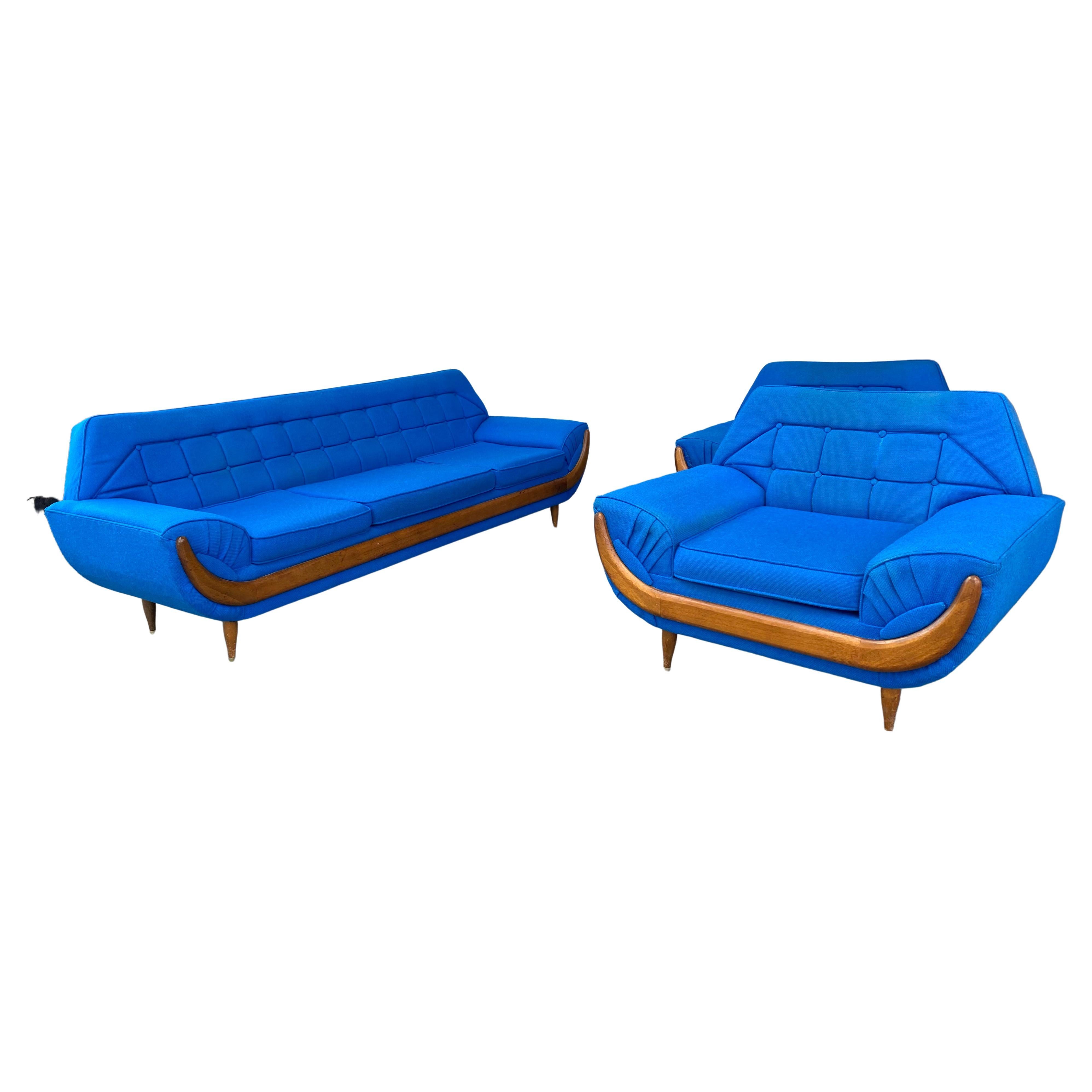 Electric Blue Mid-Century Modern 3 Pc. Living Room Suite, After Adrian Pearsall