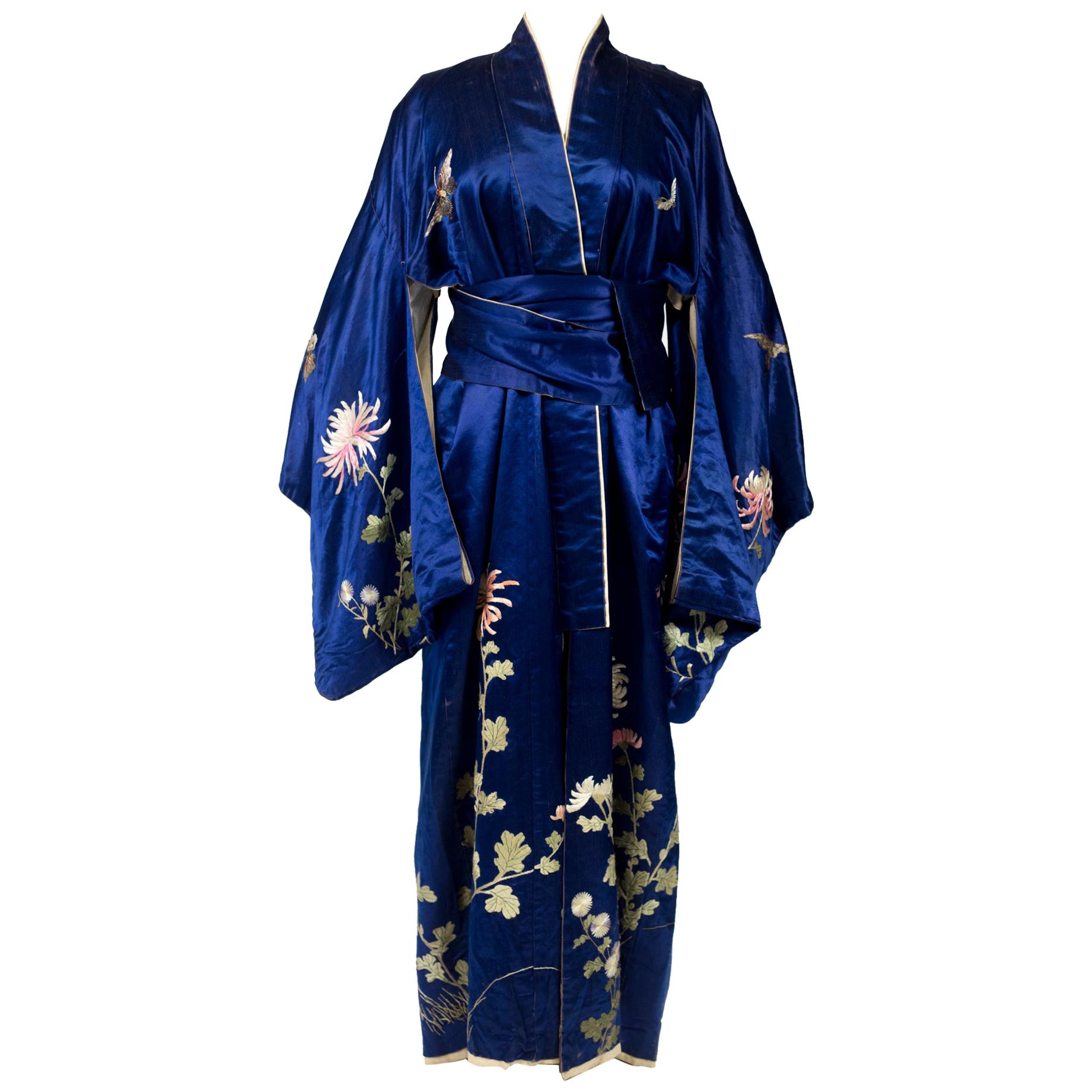  Electric Blue Satin Japanese Kimono Circa 1920/1940
