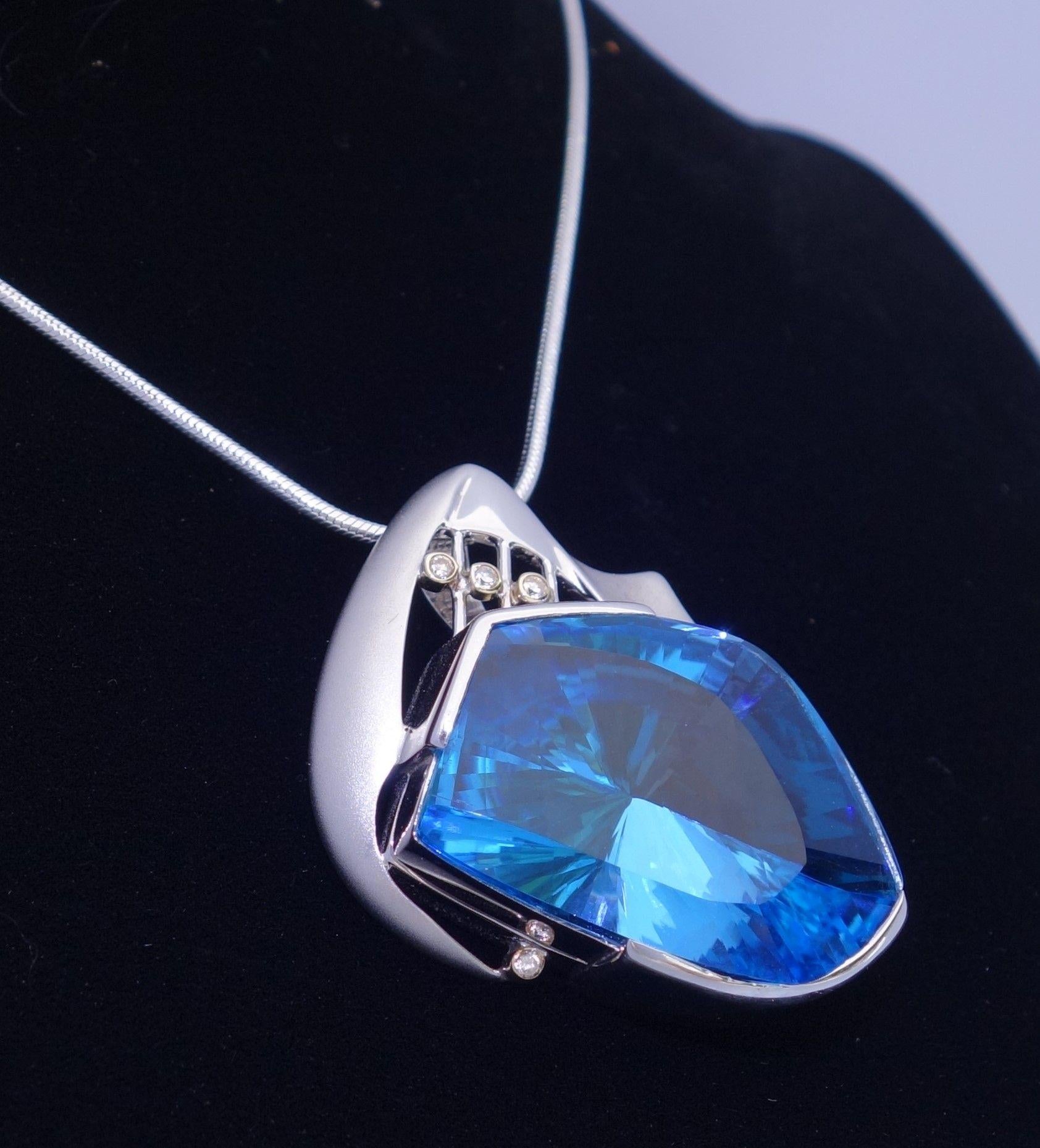 Mixed Cut Electric Blue Topaz and Diamond Gold and Sterling Silver Pendant Necklace For Sale