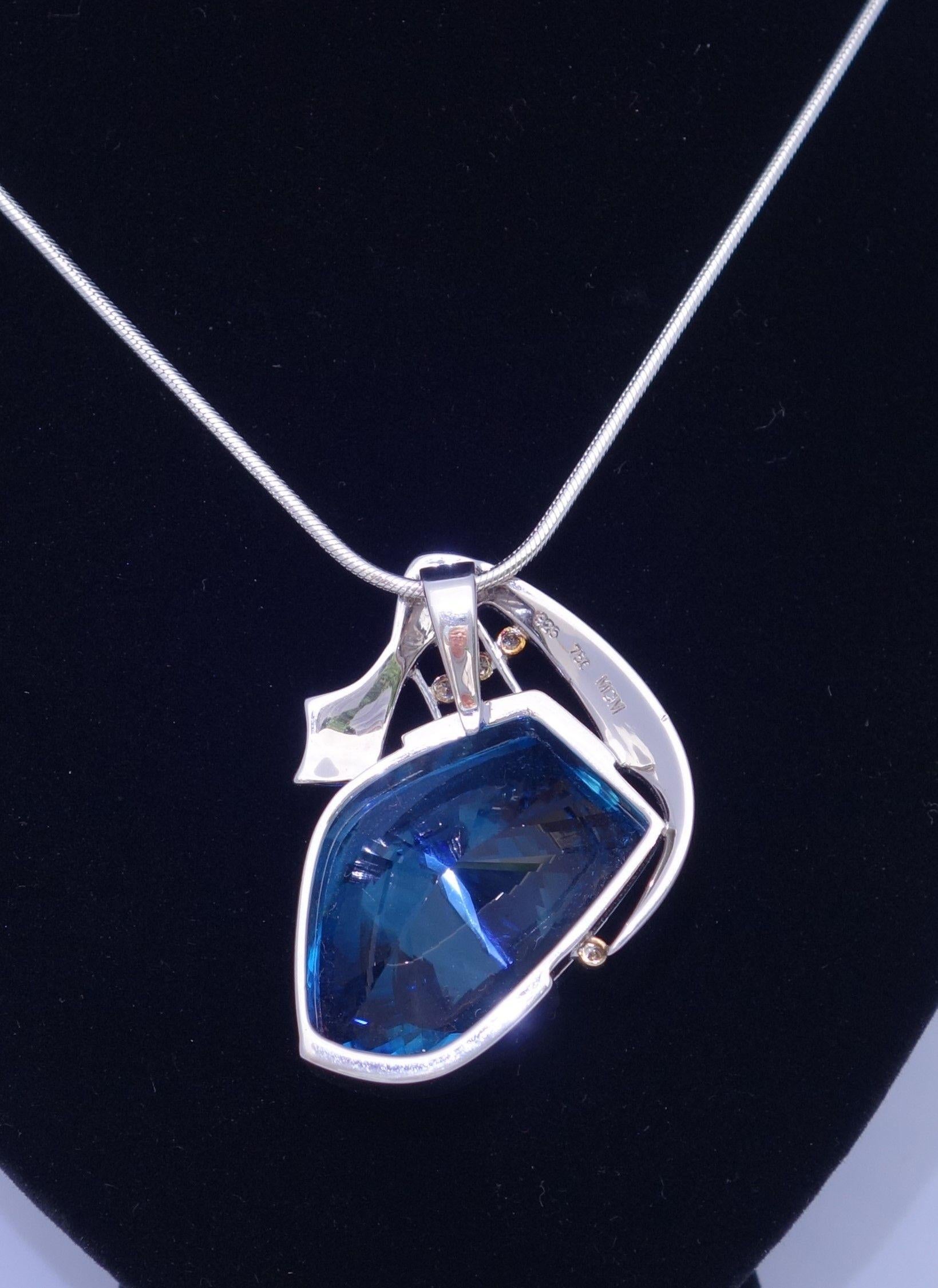 Electric Blue Topaz and Diamond Gold and Sterling Silver Pendant Necklace For Sale 1