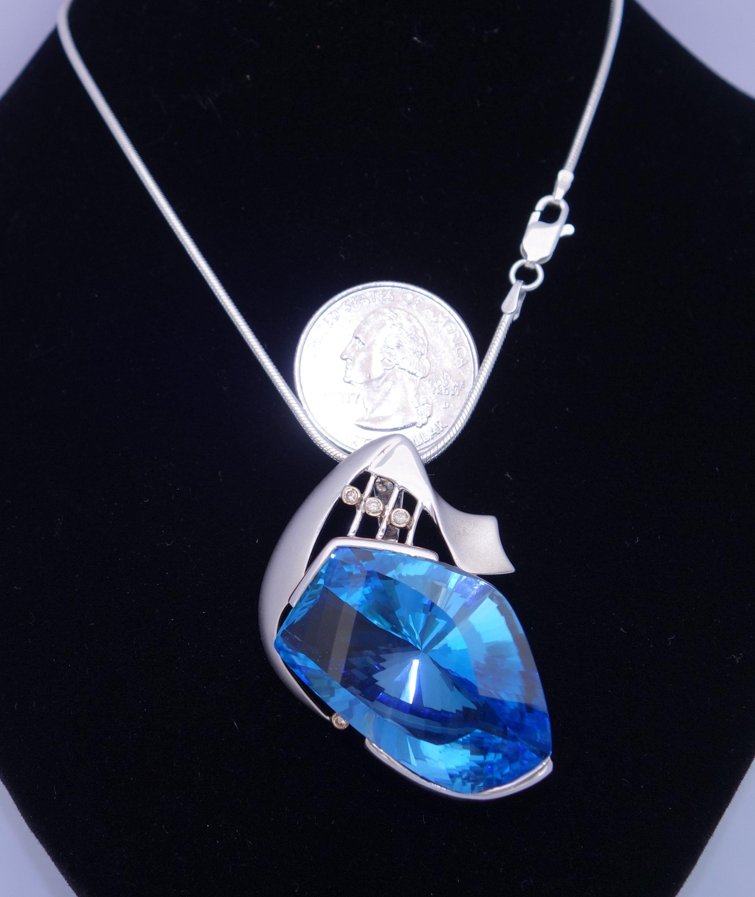 Electric Blue Topaz and Diamond Gold and Sterling Silver Pendant Necklace For Sale 2