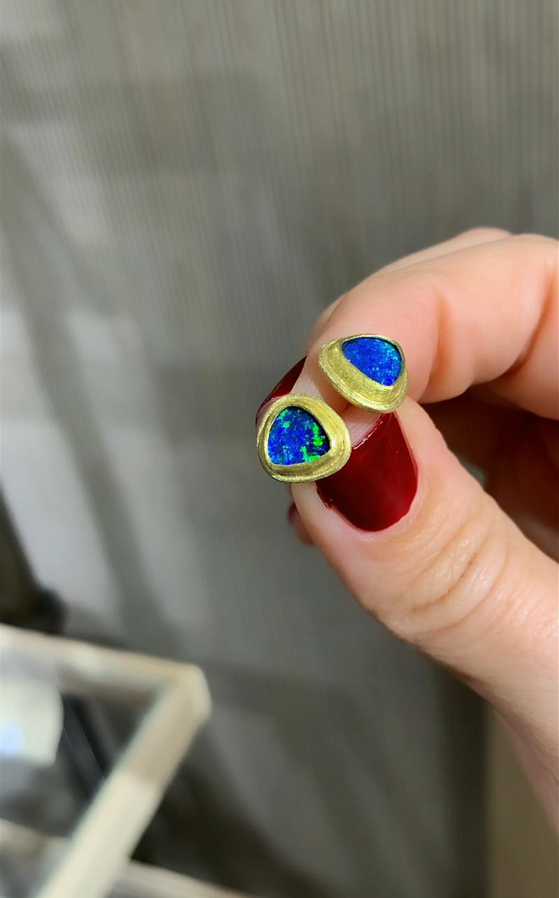 Artist Electric Green Deep Blue Opal Doublet 22k Gold Stud Earrings, Petra Class 2023