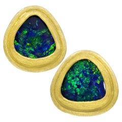 Electric Green Deep Blue Opal Doublet 22k Gold Stud Earrings, Petra Class 2023