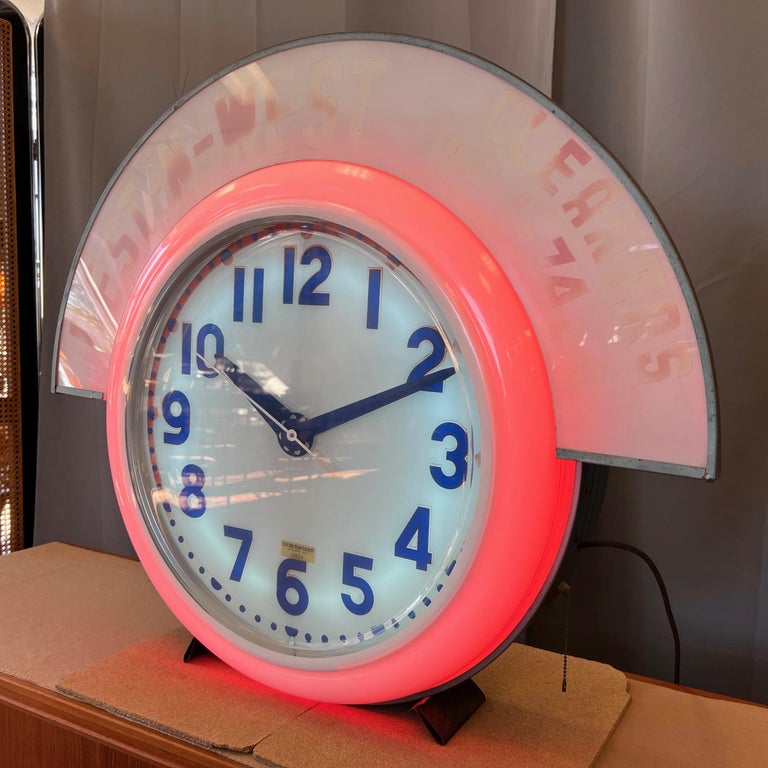 Electric Neon Clock Co. ExtraLarge Neon Clock with Advertising Marquee, 1940s at 1stDibs