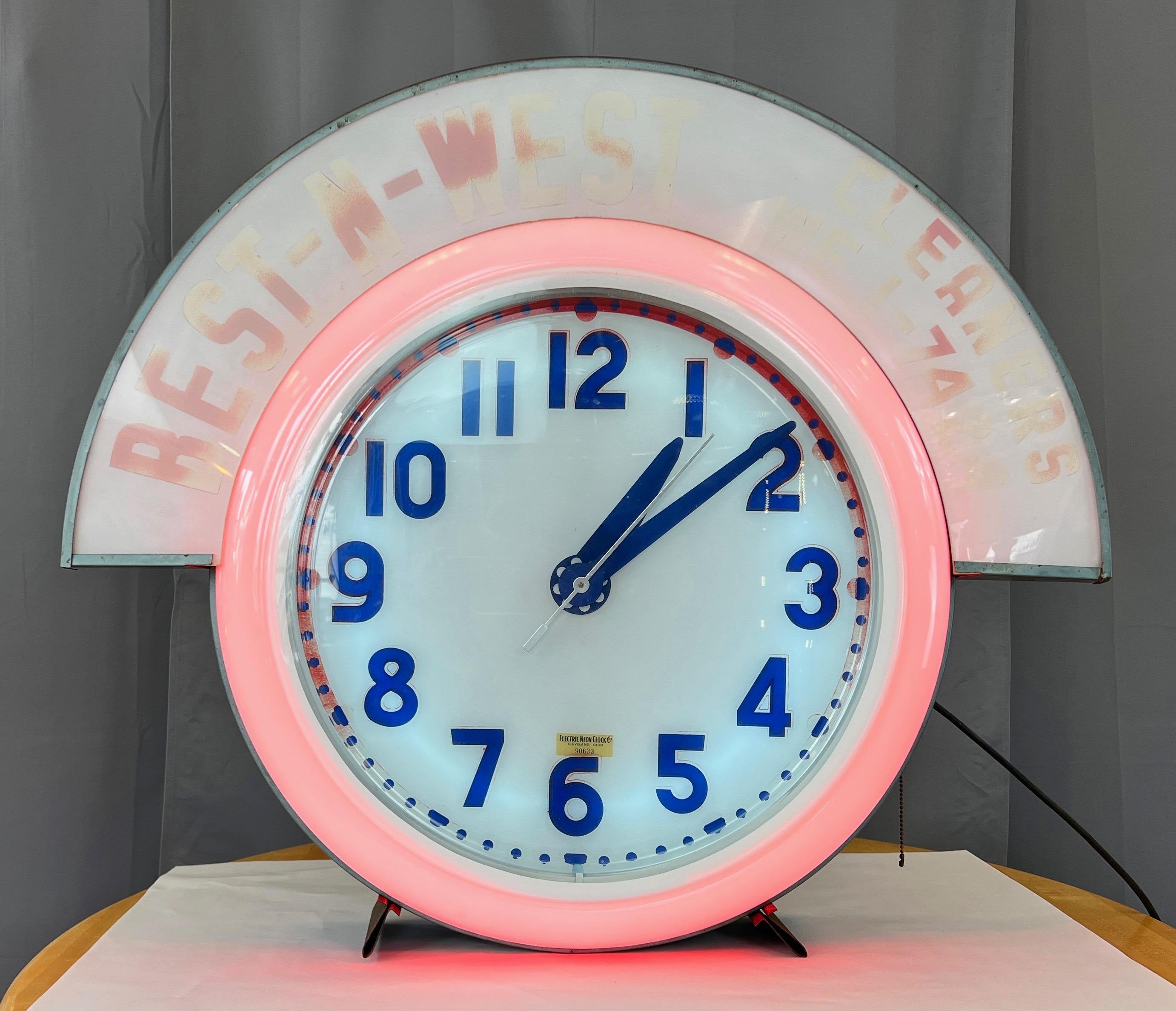 An extra-large and uncommon 1940s neon clock model APL-2 by the Electric Neon Clock Co. of Cleveland, Ohio, with very rare original advertising marquee for Best-N-West Cleaners of San Francisco, California.

Bright white plexiglass dial pan-style