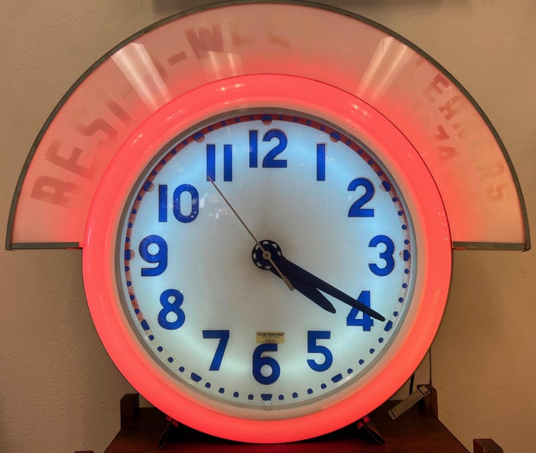 Electric Neon Clock Co. ExtraLarge Neon Clock with Advertising Marquee, 1940s at 1stDibs