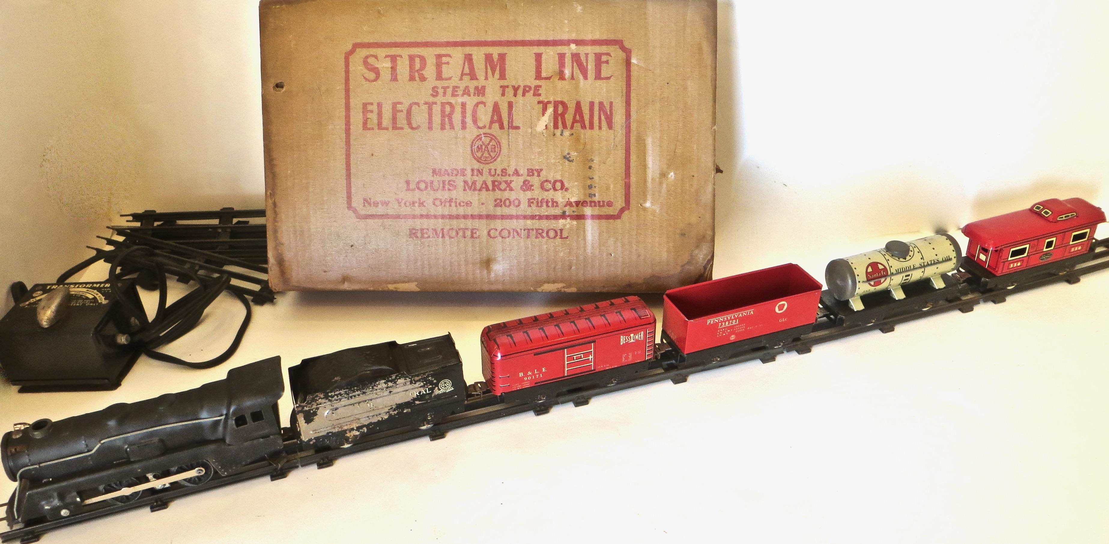 Copious markings note that this train set, in its original packing and shipping box, was made by 