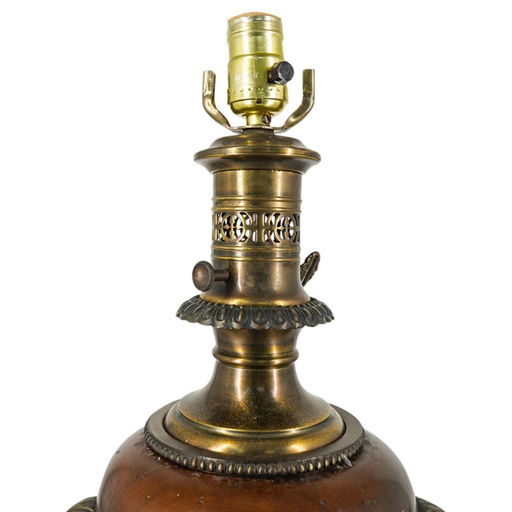 Anonymous
Early 20th century; North America
Wood, brass

Approximate size: 26 (h) x 9 (w) x 9 (d) in.

The present lamp, formerly a kerosene lamp, has been converted to an electrical lamp. The wooden body is urn-shaped, flanked by brass lion-head