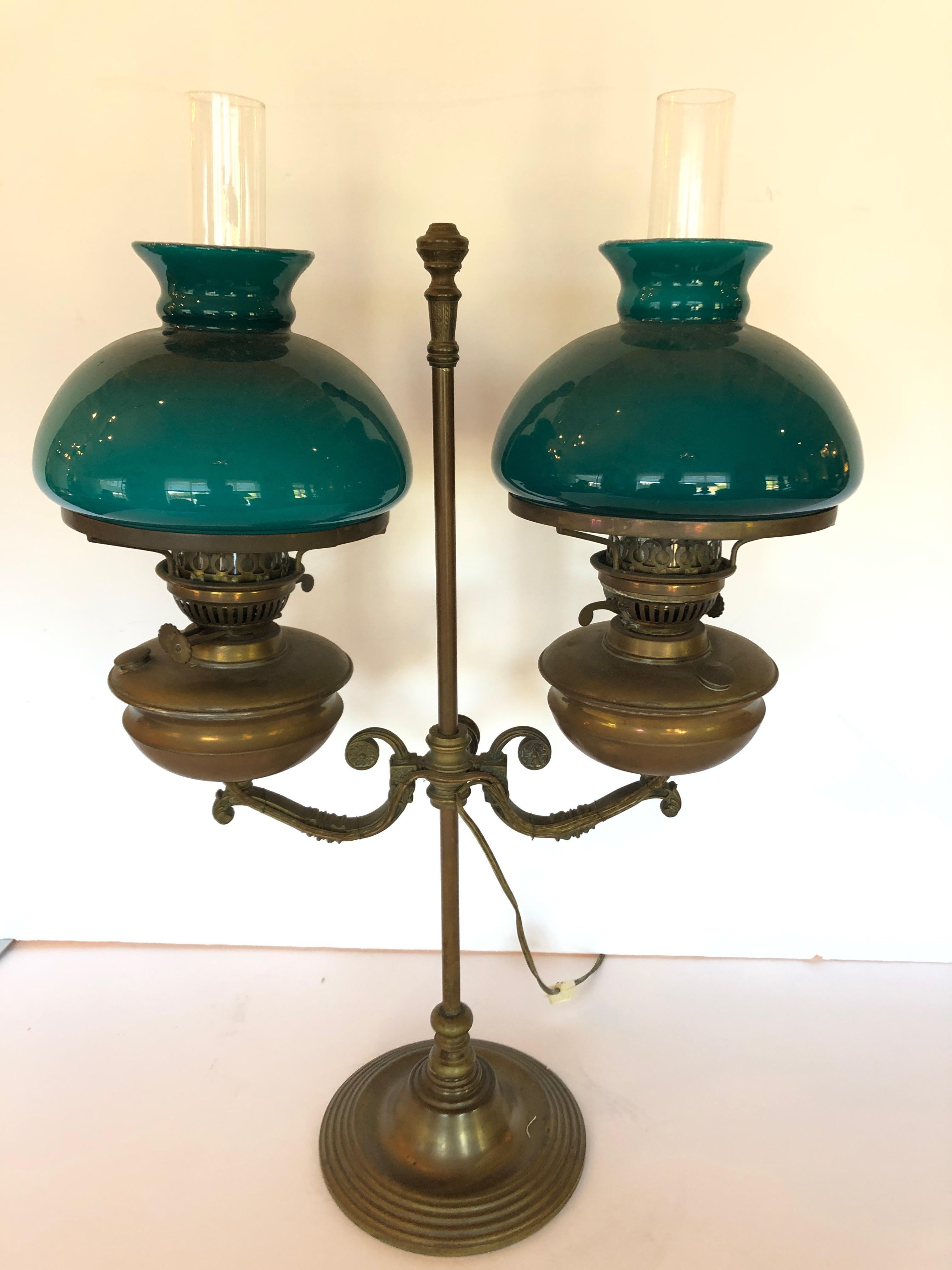  Electrified Bronze and Double Cased Green Glass Lampshade Original Oil Lamp For Sale 3