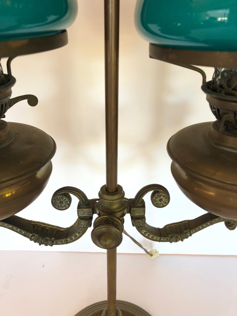 Electrified Bronze and Double Cased Green Glass Lampshade Original Oil