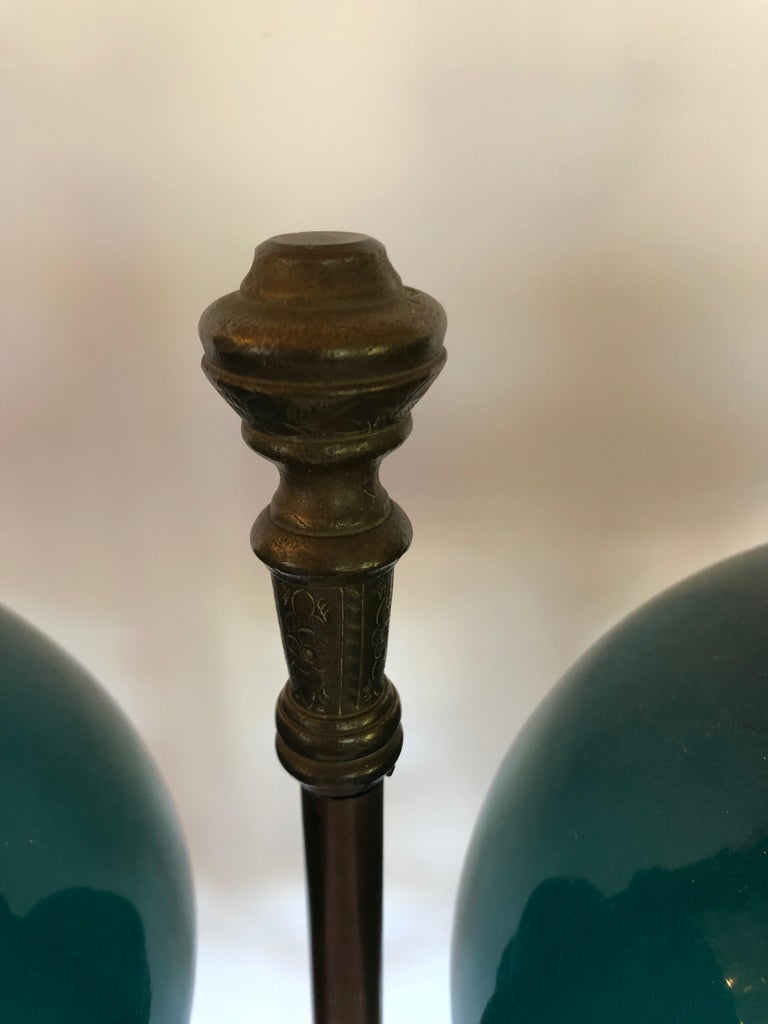 Electrified Bronze and Double Cased Green Glass Lampshade Original Oil