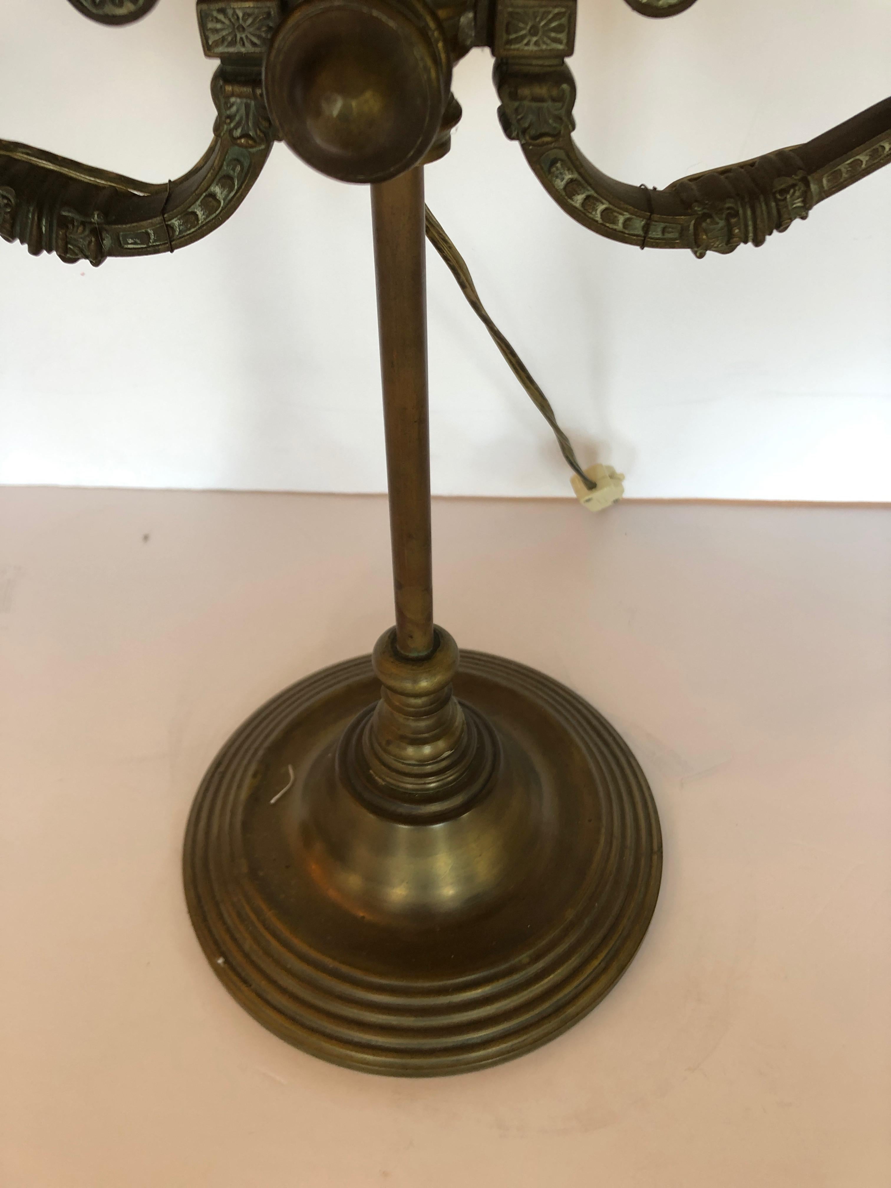 Electrified Bronze and Double Cased Green Glass Lampshade Original Oil Lamp In Excellent Condition For Sale In Hopewell, NJ