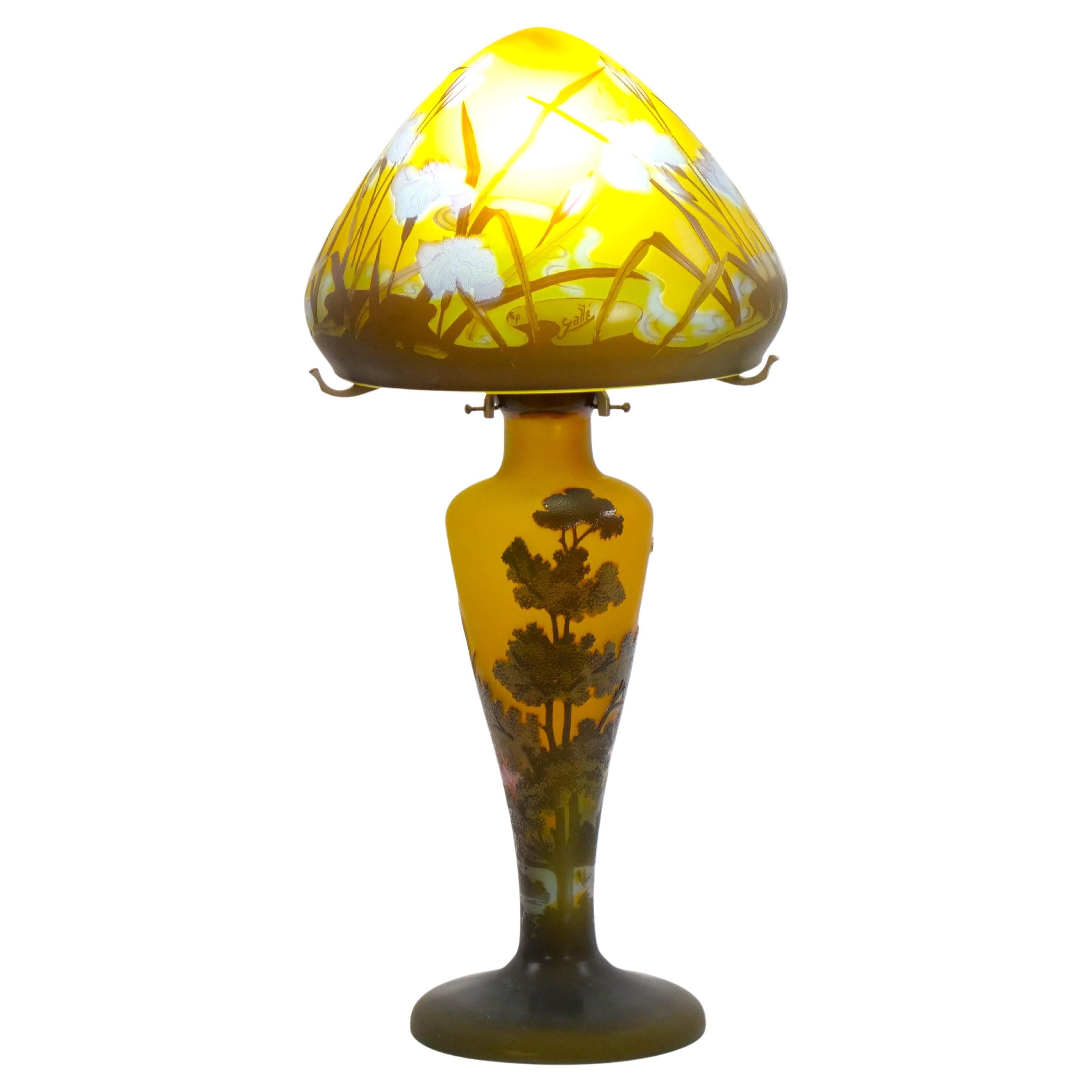 Elevate your decor with a galle cameo glass table lamp that exudes timeless beauty and artistry. Its conical-shaped shade is a masterpiece in itself, capturing the delicate allure of pale violet flowers blooming amidst graceful reeds against an