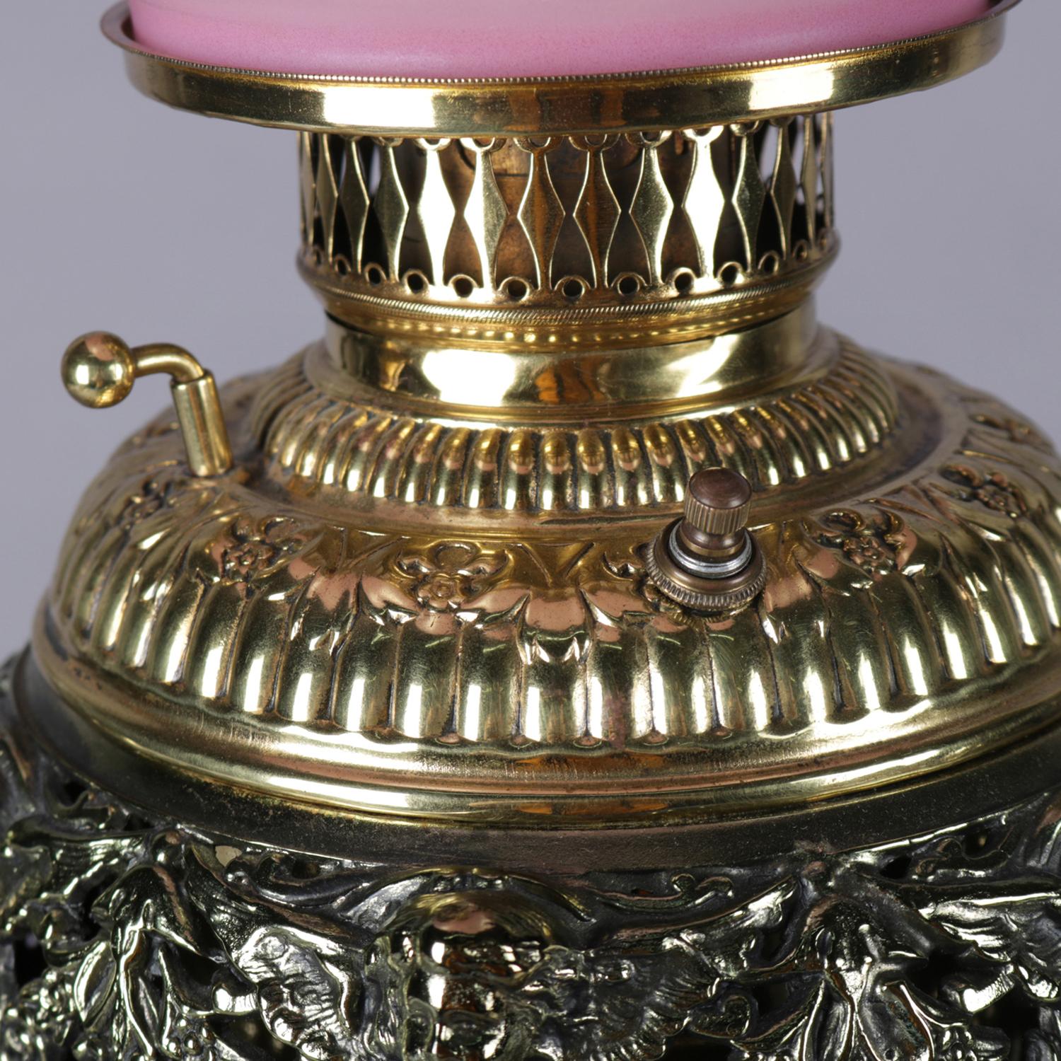Electrified Hand Painted Brass & Onyx Gone-With-The-Wind Lamp, 19th Century 3