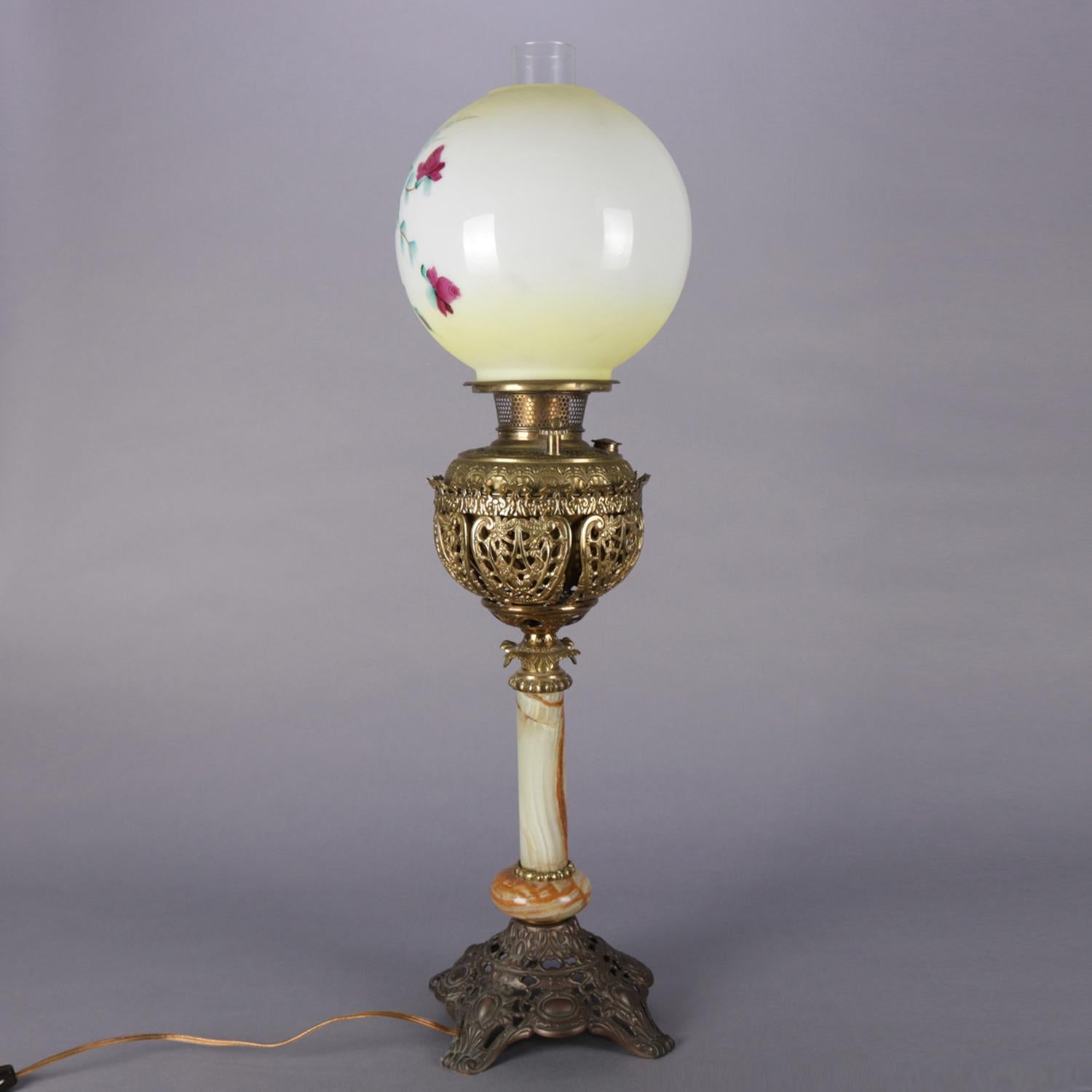 Victorian Electrified Hand Painted Brass & Onyx Gone-With-The-Wind Lamp, 19th Century