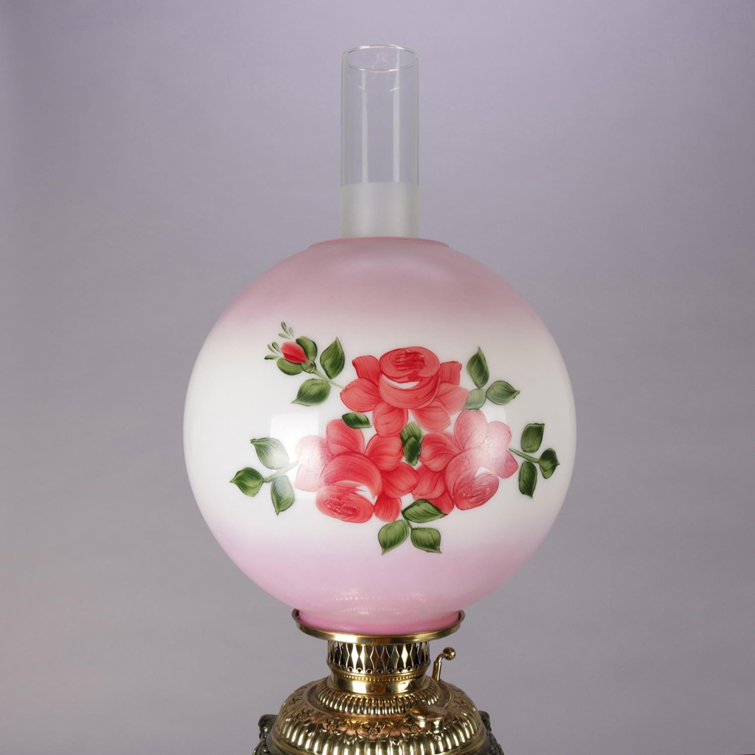 Victorian Electrified Hand Painted Brass & Onyx Gone-With-The-Wind Lamp, 19th Century