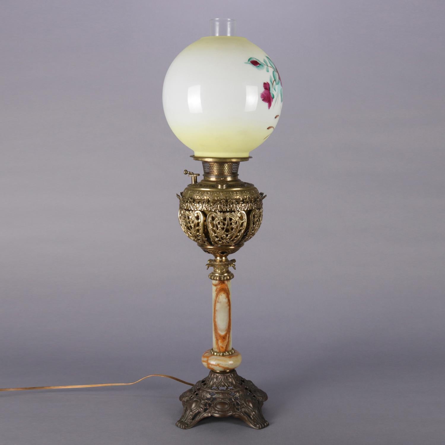 American Electrified Hand Painted Brass & Onyx Gone-With-The-Wind Lamp, 19th Century