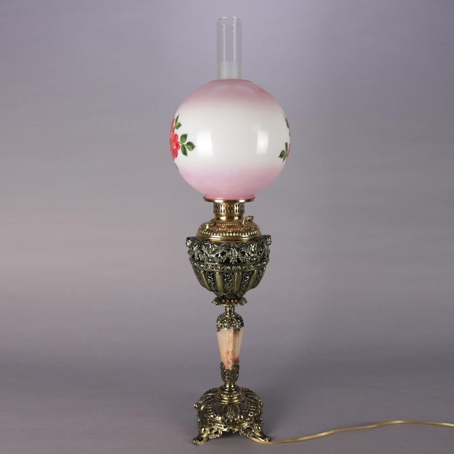 American Electrified Hand Painted Brass & Onyx Gone-With-The-Wind Lamp, 19th Century