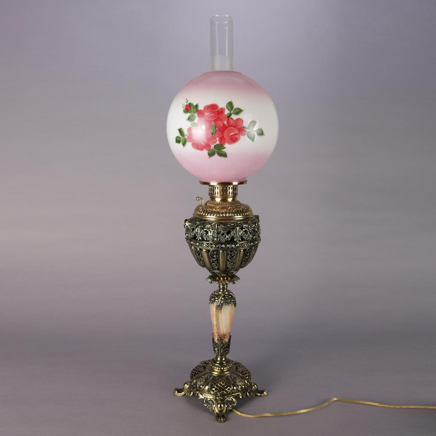 Cast Electrified Hand Painted Brass & Onyx Gone-With-The-Wind Lamp, 19th Century