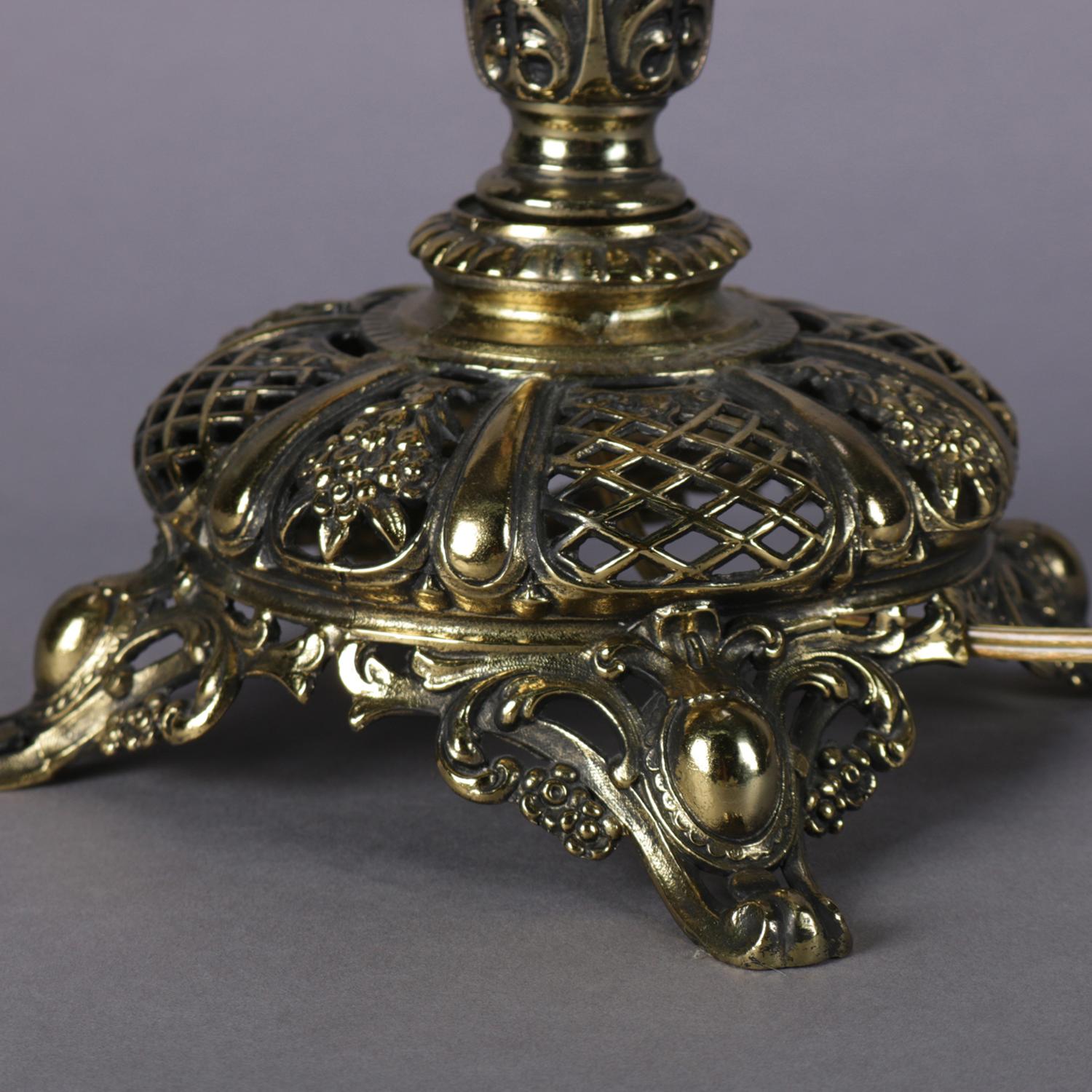 Electrified Hand Painted Brass & Onyx Gone-With-The-Wind Lamp, 19th Century In Good Condition In Big Flats, NY