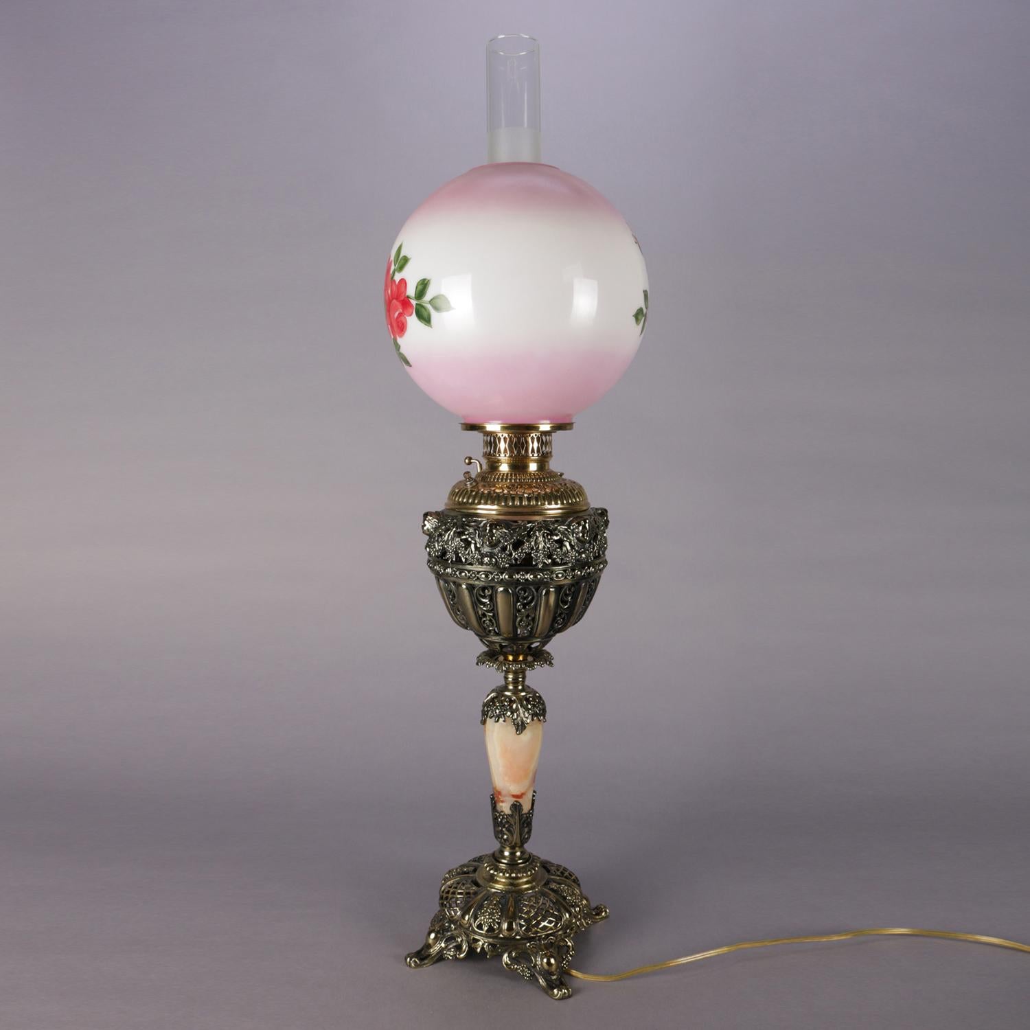 Electrified Hand Painted Brass & Onyx Gone-With-The-Wind Lamp, 19th Century 1
