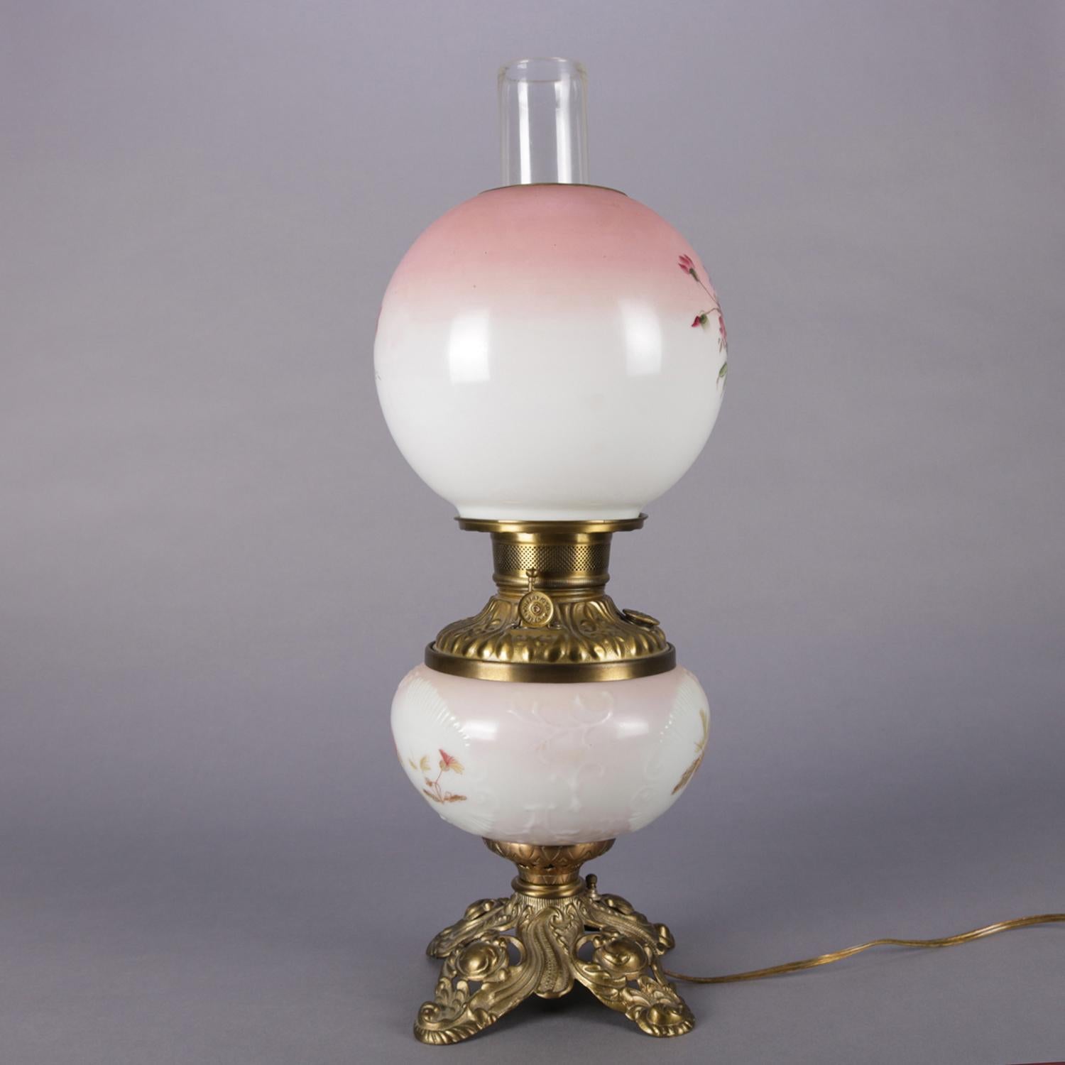 Victorian Electrified Hand-Painted Floral and Brass Gone-With-The-Wind Lamp, 19th Century