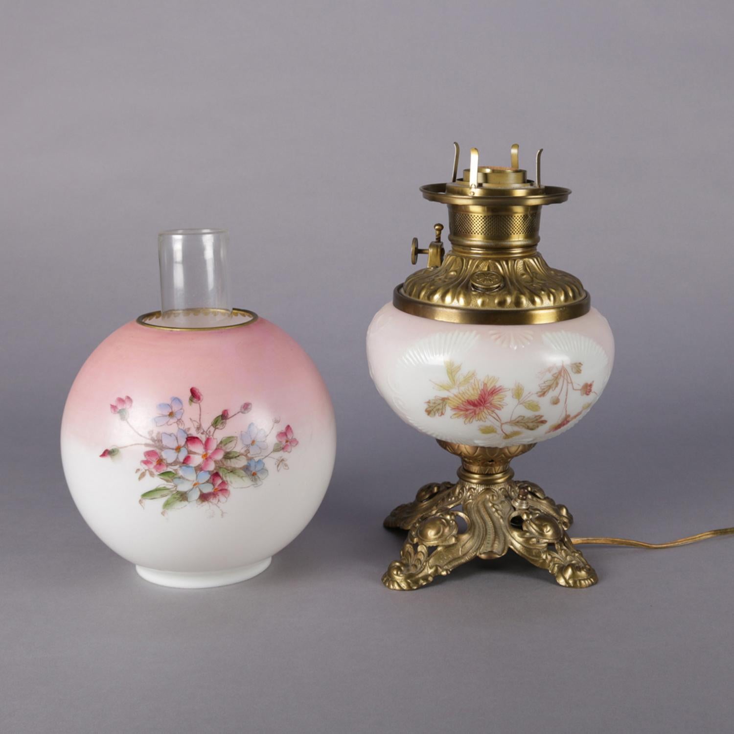 American Electrified Hand-Painted Floral and Brass Gone-With-The-Wind Lamp, 19th Century