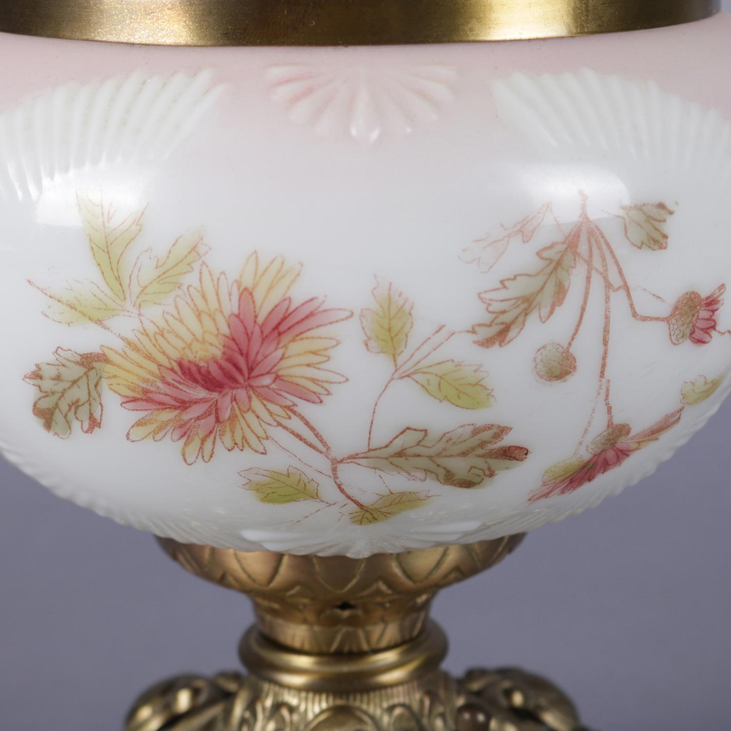 Electrified Hand-Painted Floral and Brass Gone-With-The-Wind Lamp, 19th Century 1