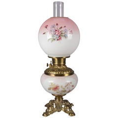Electrified Hand-Painted Floral and Brass Gone-With-The-Wind Lamp, 19th Century