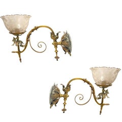 Lámparas de gas de latón fundido barrocas victorianas tardías electrificadas con pantalla, Pareja